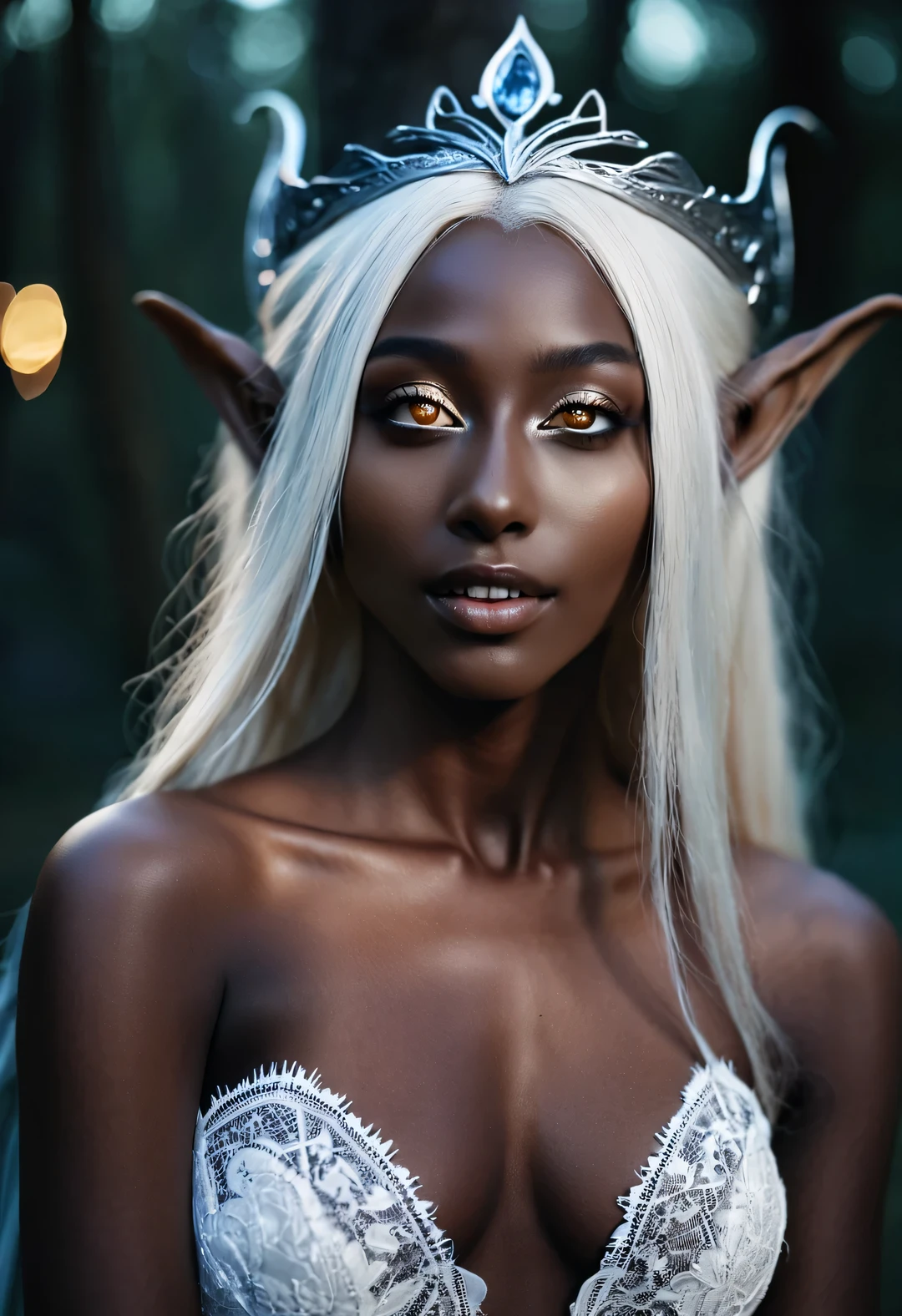 Charming closeup portrait of nordic dark elf, Has blonde hair, blue eyes, Exceptionally beautiful, minimalist, eternal melancholy, Stylish photography style, Dramatic firefly light, black to black, Dark Elf with dark skin and silver hair, Symbol of asymmetrical composition, concept fantasy, intricate details, Have the perfect figure, radiant skin, expressive eyes, High cheekbones, Delicate nose, bright smile, flowing long hair，Wearing an exquisite lace wedding dress, Forest background under moonlight, Advertising style shoot, romantic wedding photography style, soft natural light, Shot with Canon AE-1 film camera, Lens 50mm, F/1.8, Depth lighting, pastel color palette, Very detailed, 8k,