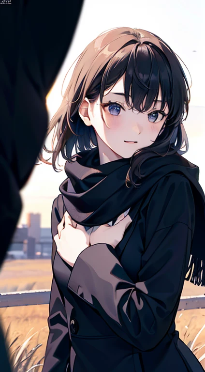 8k, best quality, masterpiece, realistic, ultra detail, photo realistic, Increase quality,
a photo of a girl standing in a field with a scarf, in the style of dark and brooding designer, voluminous mass, photobash, serene faces, jagged edges, navy, natural beauty, close-up shot