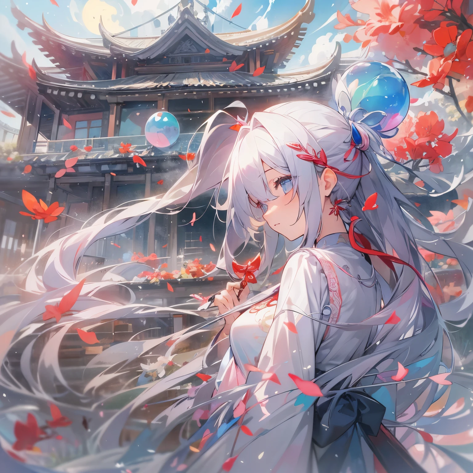 (8K、Raw photography:1.2)、top-quality、超A high resolution、Dramatic angleine-colored splashes flutter)、(illustratio)、(((1人)))、(long)、(Air bubble:0.9)、 (hair adornments:1.4)、There  an ancient palace next to the girl、chinese clotheocus)、Color Ink Painting、(Color splash)、Colorful splashes、(((colourfull)))、(Sketched:0.8) 、​masterpiece、best qualtiy、Beautifully painted、A highly detailed、(denoise: 0.6)、[Splash ink]、((Ink refraction))、(Beautiful detailed sky)、a moon、A highly detailed、(​masterpiece、best qualtiy、A highly detailed) CG Unity 8K Wallpapers、​masterpiece、top-quality、ultra-detailliert)、(Lycoris radiata)、、
