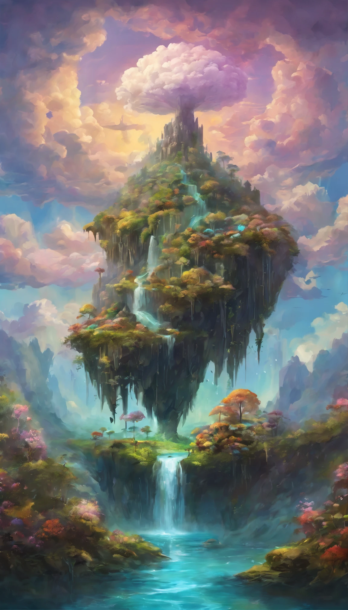 Generate an oil painting portraying a surreal floating island in the sky, adorned with cascading waterfalls and fantastical flora