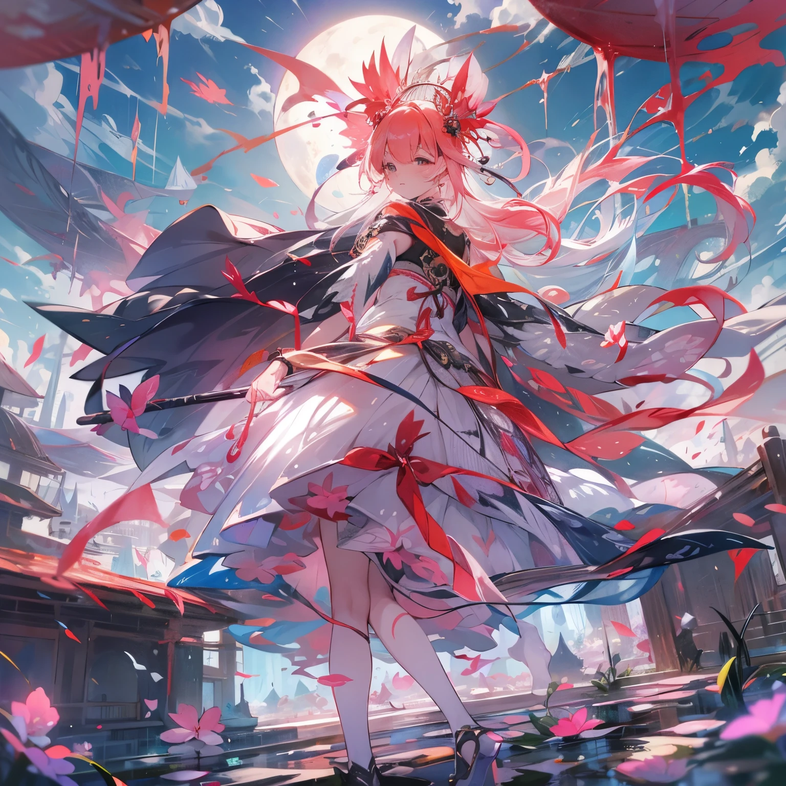(8K、Raw photography:1.2)、top-quality、超A high resolution、Dramatic angleine-colored splashes flutter)、(illustratio)、(((女の子1人)))、(long)、(Air bubble:0.9)、 (hair adornments:1.4)、There  an ancient palace next to the girl、chinese clotheocus)、Color Ink Painting、(Color splash)、Colorful splashes、(((colourfull)))、(Sketched:0.8) 、​masterpiece、best qualtiy、Beautifully painted、A highly detailed、(denoise: 0.6)、[Splash ink]、((Ink refraction))、(Beautiful detailed sky)、a moon、A highly detailed、(​masterpiece、best qualtiy、A highly detailed) CG Unity 8K Wallpapers、​masterpiece、top-quality、ultra-detailliert)、(Lycoris radiata)、、