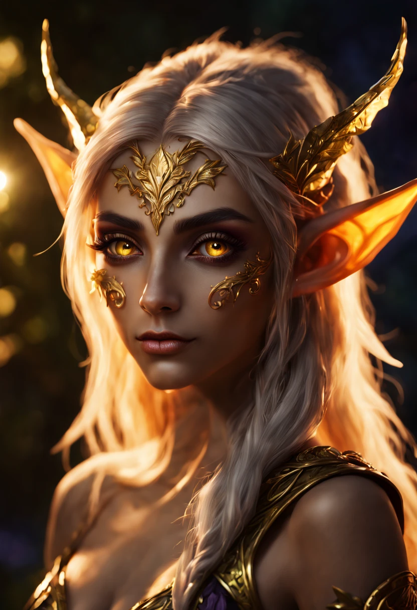 An portrait of a night elf hyperdetailed, volumetric lighting, golden hour, fairycore, deep color
