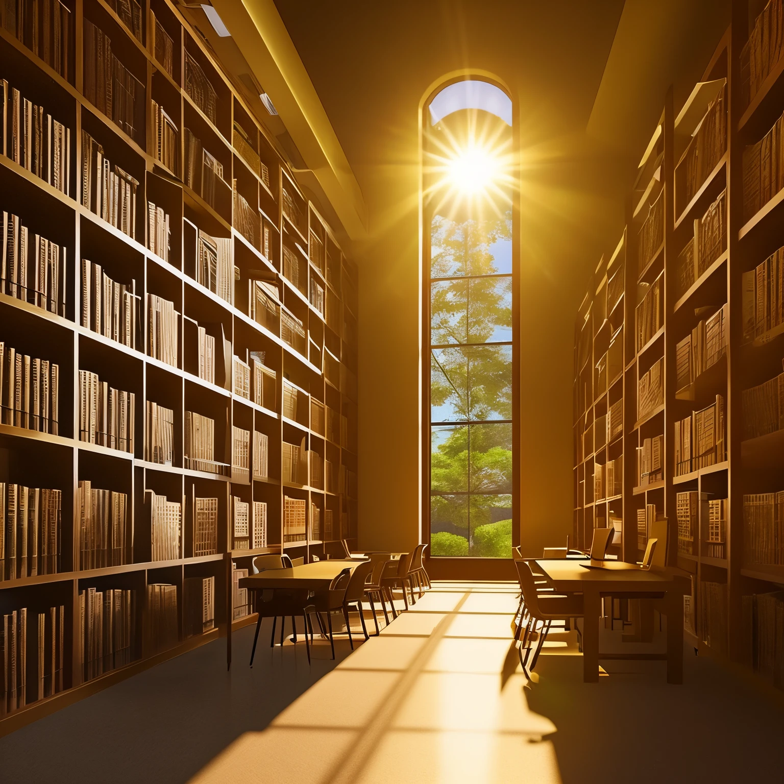 college library, scenic, ultrarealistic, golden hour