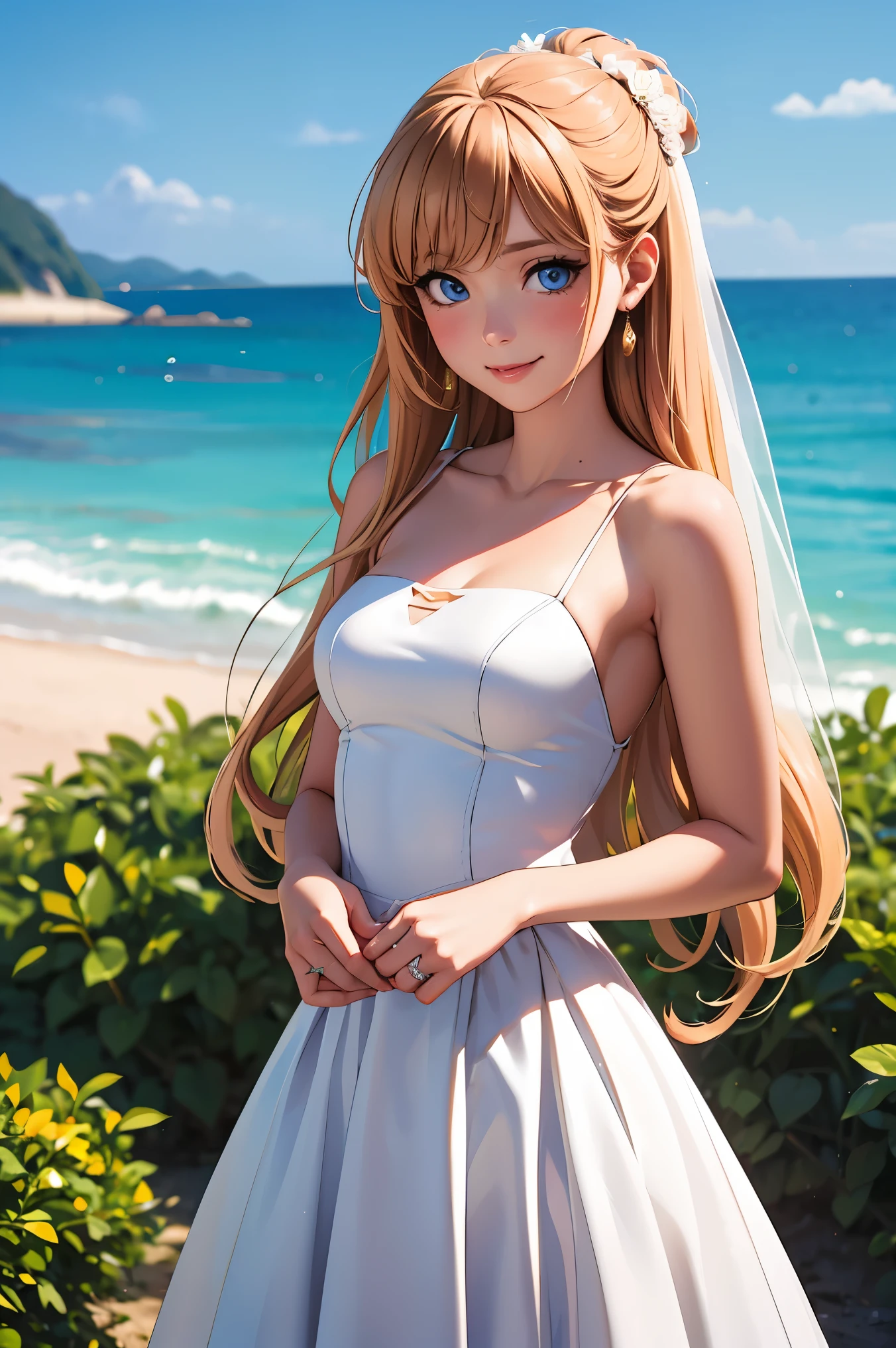 ((masterpiece, best quality, ultra-detailed, very fine 8KCG wallpapers)), 1 girl, solo, aino minako, sailor venus, smile, blush, long hair, swept bangs, half updo, blonde hair, carnelian studs, blue eyes, medium breasts, (wedding dress:1.2), ocean front garden chapel,