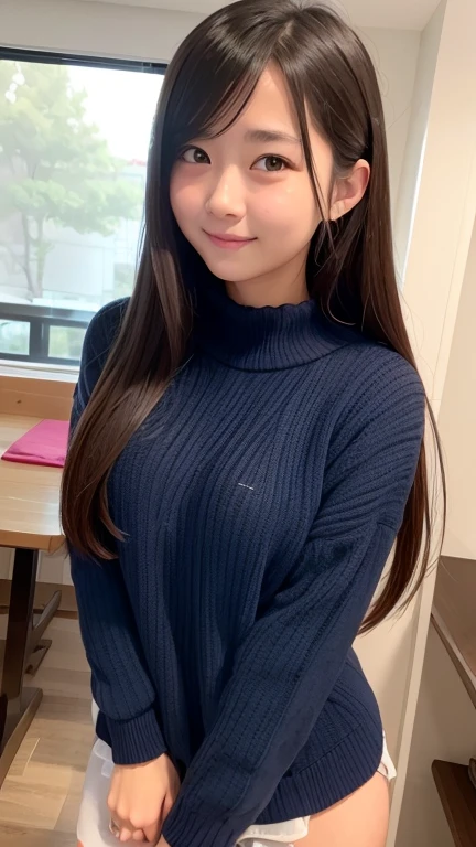 table top, highest quality, figure, super detailed, finely, High resolution, 8k wallpaper, 完璧なダイナミックな構figure, beautiful and fine eyes, Winter casual wear,medium hair,small breasts、natural color lip, bold sexy pose,smile,Harajuku、18 year old girl、cute、sexy shot looking at camera、larger breasts、high school girl