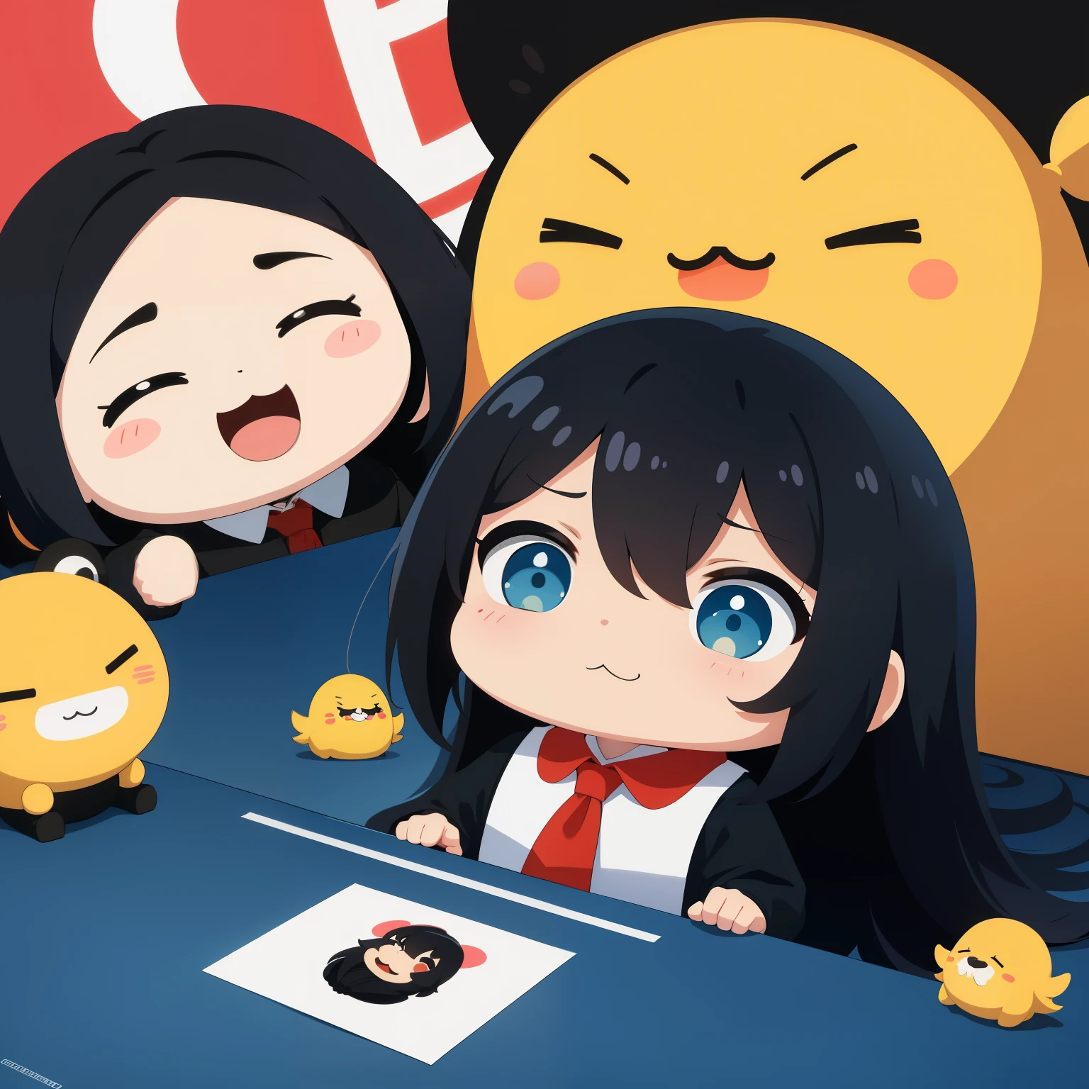 chica con、Chibi、((Mejor calidad, alto_resolution, distinto_imagen)),(pelo negro),, (ahogo), (Cabello largo), (pelo ondulado), (ojos azules),、Una sonrisa、pecho mideum arriba、