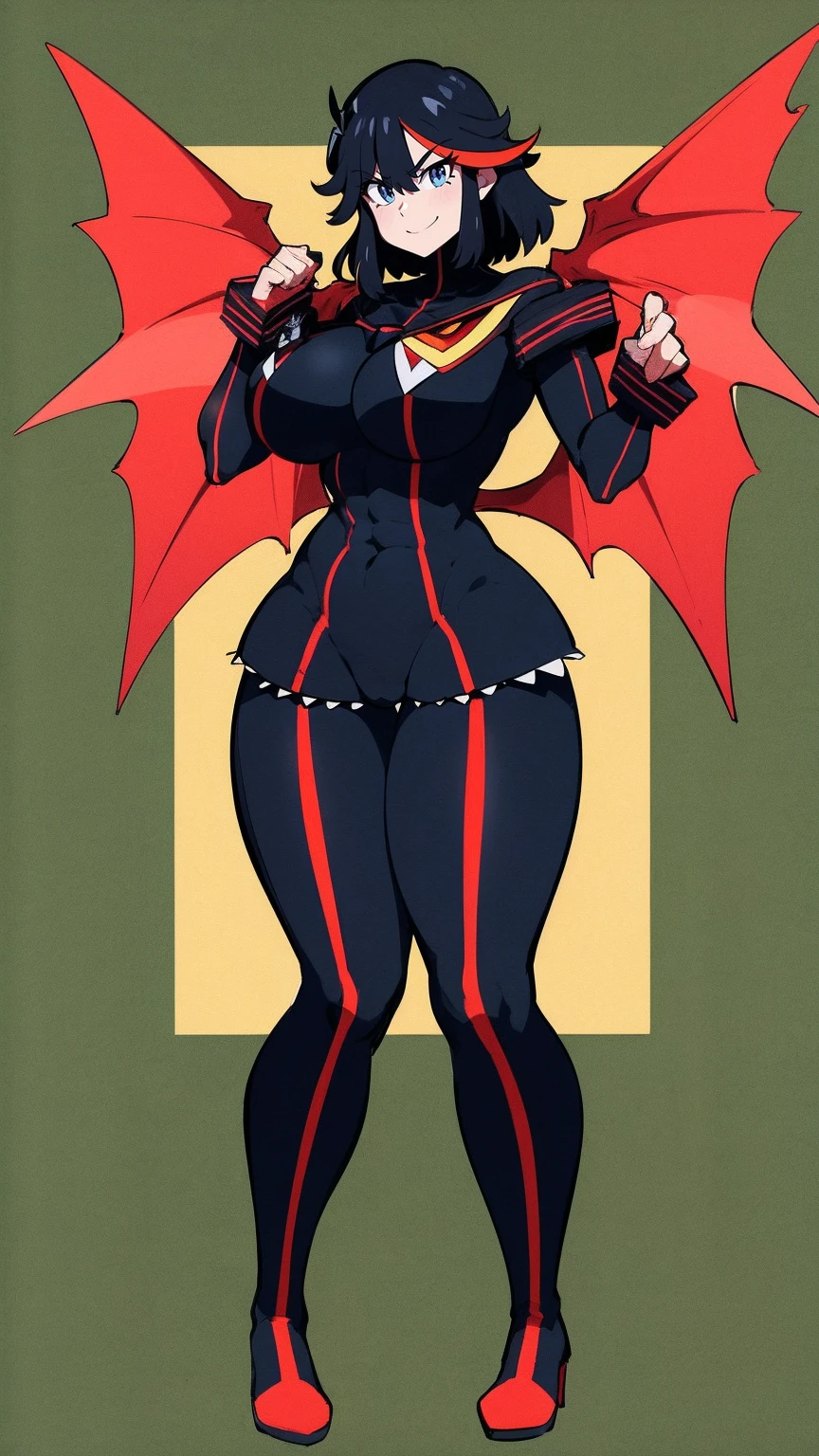 matoi ryuuko, dark armor, magical girl, dragon wings, kill la kill, red hair, large breasts, abs, wide hips, thick thighs, thick arms, pants, standing, black body suit, full body, boots,smile, pullover, miniskirt, black pullover,, black bodysuit, red hair