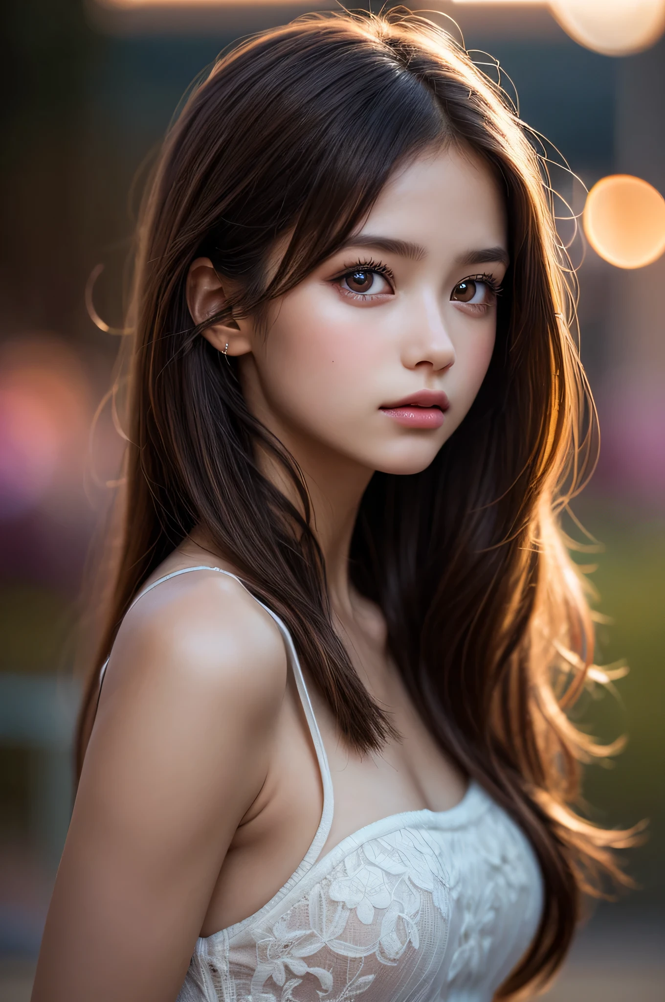 (best quality), (ultra-detailed), (llustration), (detailed light), (an extremely delicate and beautiful), 1young girl, brown hair, brown eyes, model, bare shoulders, best quality, extremely detailed CG unified 8k wallpaper, High-definition raw color photos, professional photograpy, (((Bokeh))), depth of fields, twilight, sunset,