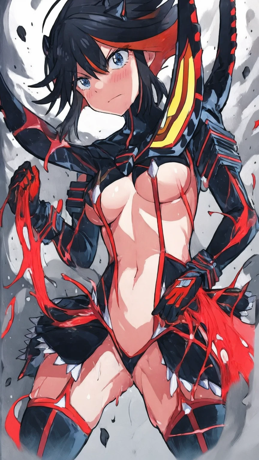 matoi ryuuko, dark armor, magical girl, dragon wings, kill la kill, red hair, large breasts, abs, wide hips, thick thighs, thick arms, pants, standing, black body suit, full body, boots,smile, pullover, miniskirt, black pullover,, black bodysuit, red hair