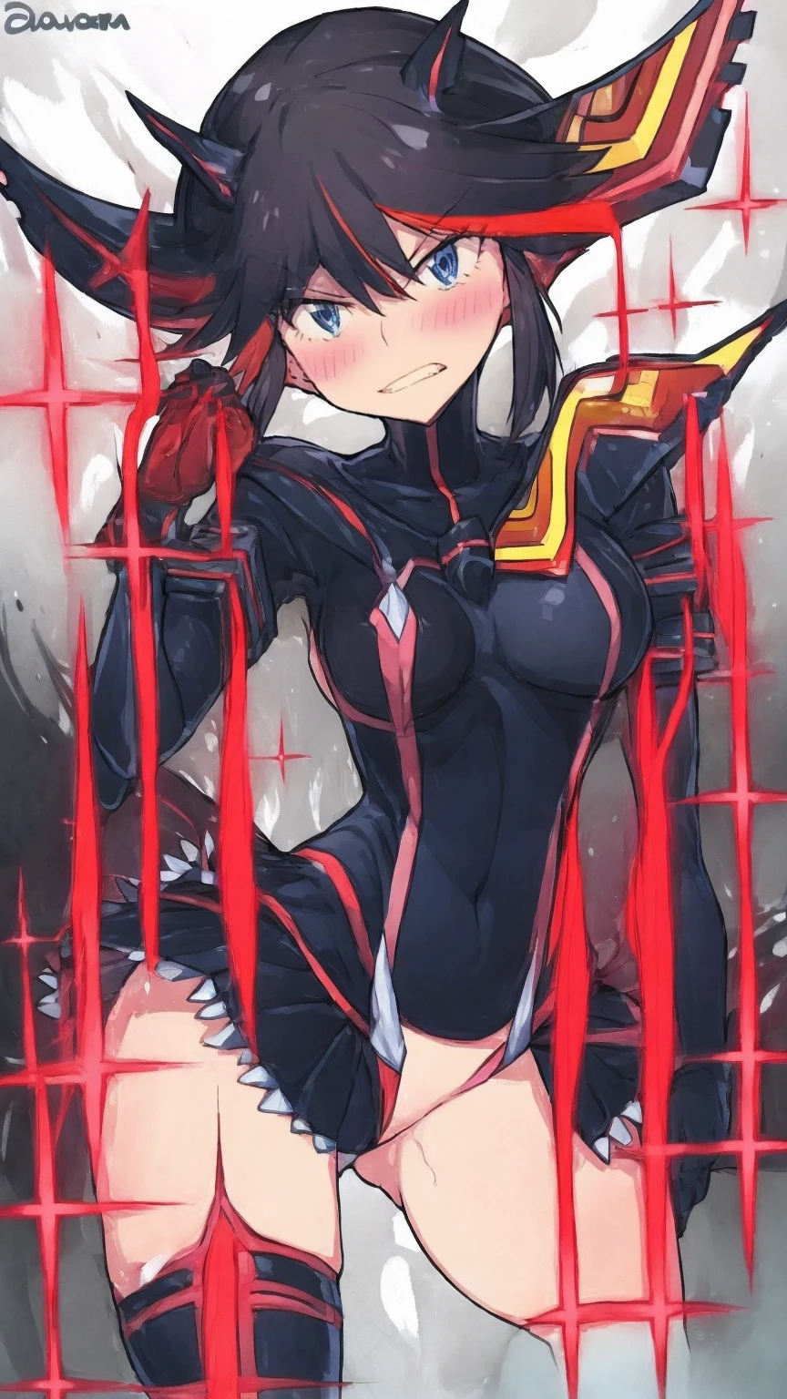 matoi ryuuko, dark armor, magical girl, dragon wings, kill la kill, red hair, large breasts, abs, wide hips, thick thighs, thick arms, pants, standing, black body suit, full body, boots,smile, pullover, miniskirt, black pullover,, black bodysuit, red hair