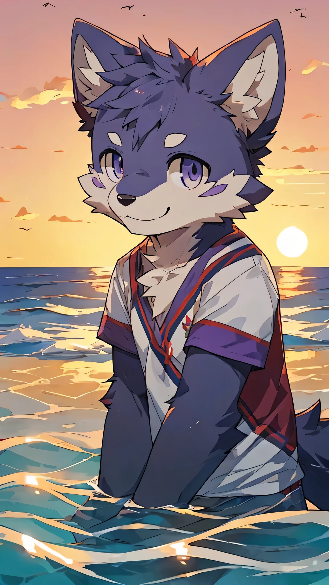 furry,fur,body fur,alone,male,(Smile),((ocean,Sunset)),short sleeves,Character focus, fur, purple,rest,It's okay,purple眼睛,Lovely,purple与眼睛