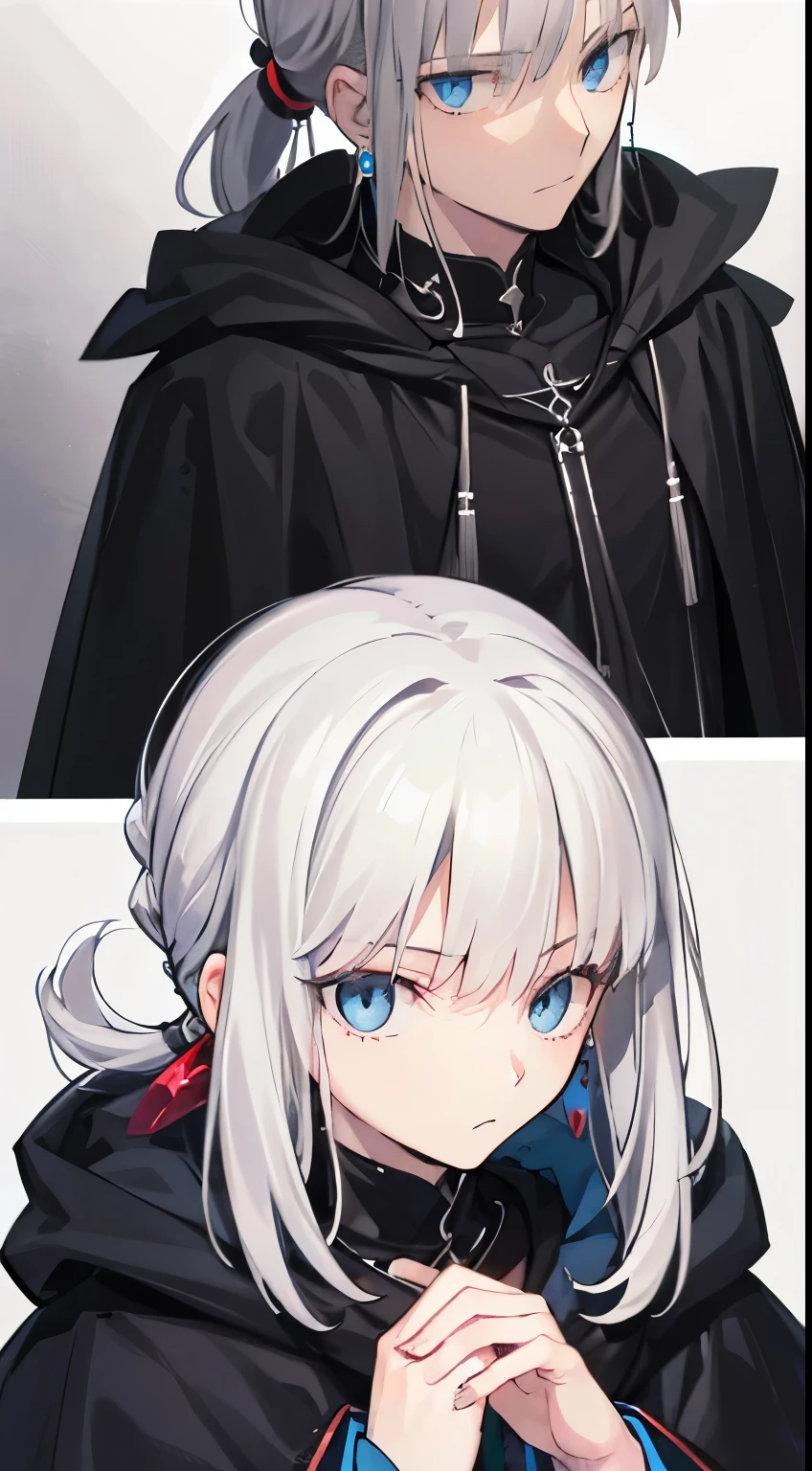 ((Suspicious man's daughter))、big empty blue eyes, petite and slender, ((gray hair,)),(low ponytail hair), In 8K, top quality, (highly detailed head: 1.0), (very detailed face: 1.0), (highly detailed hair: 1.0),((flashy black magic robe))、 black earrings, Detailed official artwork, clean detailed anime art,sex appeal, cool look