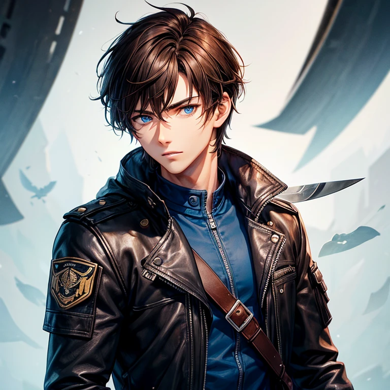 tall、(male)、brown hair、short hair、cool、Military hand、26 years old、Black leather jacket、kunai、blue eyes、tobacco