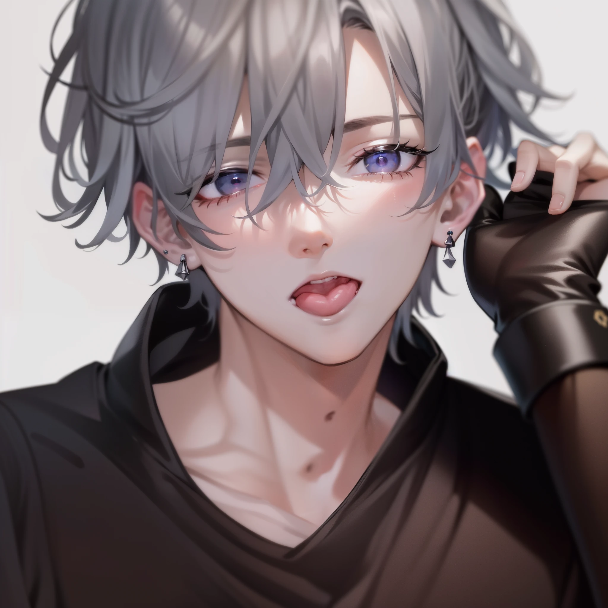 masterpiece, best quality, high quality, ultra detailed, 1boy, solo, dark gray hair, silver eyes, looking side, black shirt, handsome, earrings, sticking out tongue, white background
