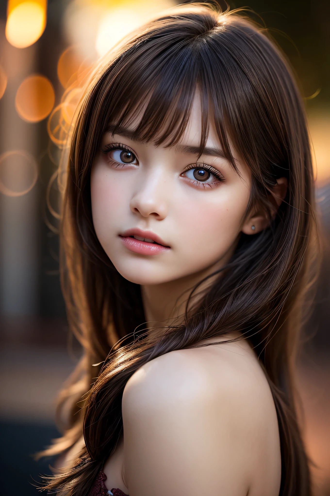 (best quality), (ultra-detailed), (llustration), (detailed light), (an extremely delicate and beautiful), 1young girl, brown hair, brown eyes, model, bare shoulders, best quality, extremely detailed CG unified 8k wallpaper, High-definition raw color photos, professional photograpy, (((Bokeh))), depth of fields, twilight, sunset,