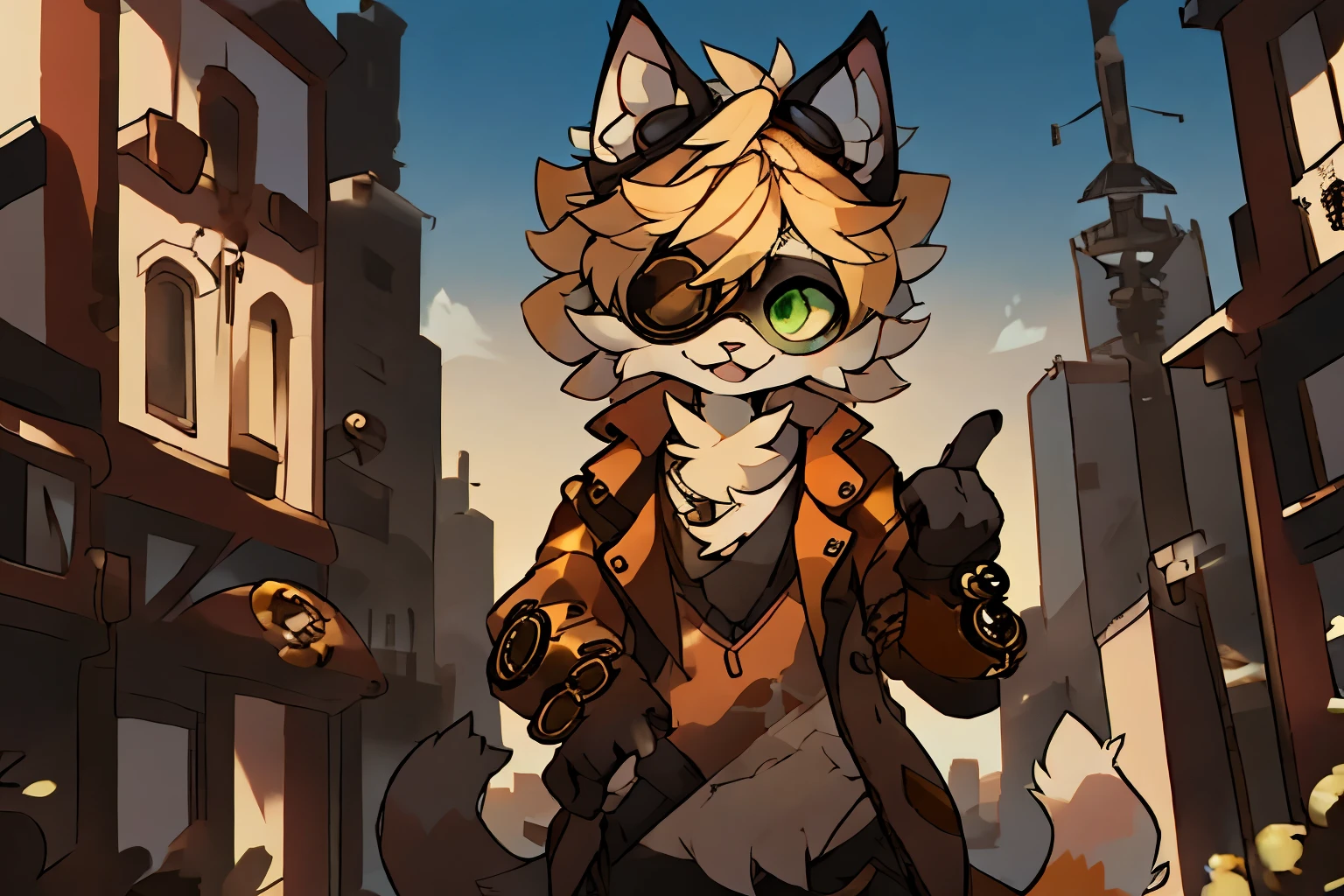 A cat girl,wearing an eye mask,Blonde hair,green eyes,Soft and fluffy hair,(((Steampunk))),City