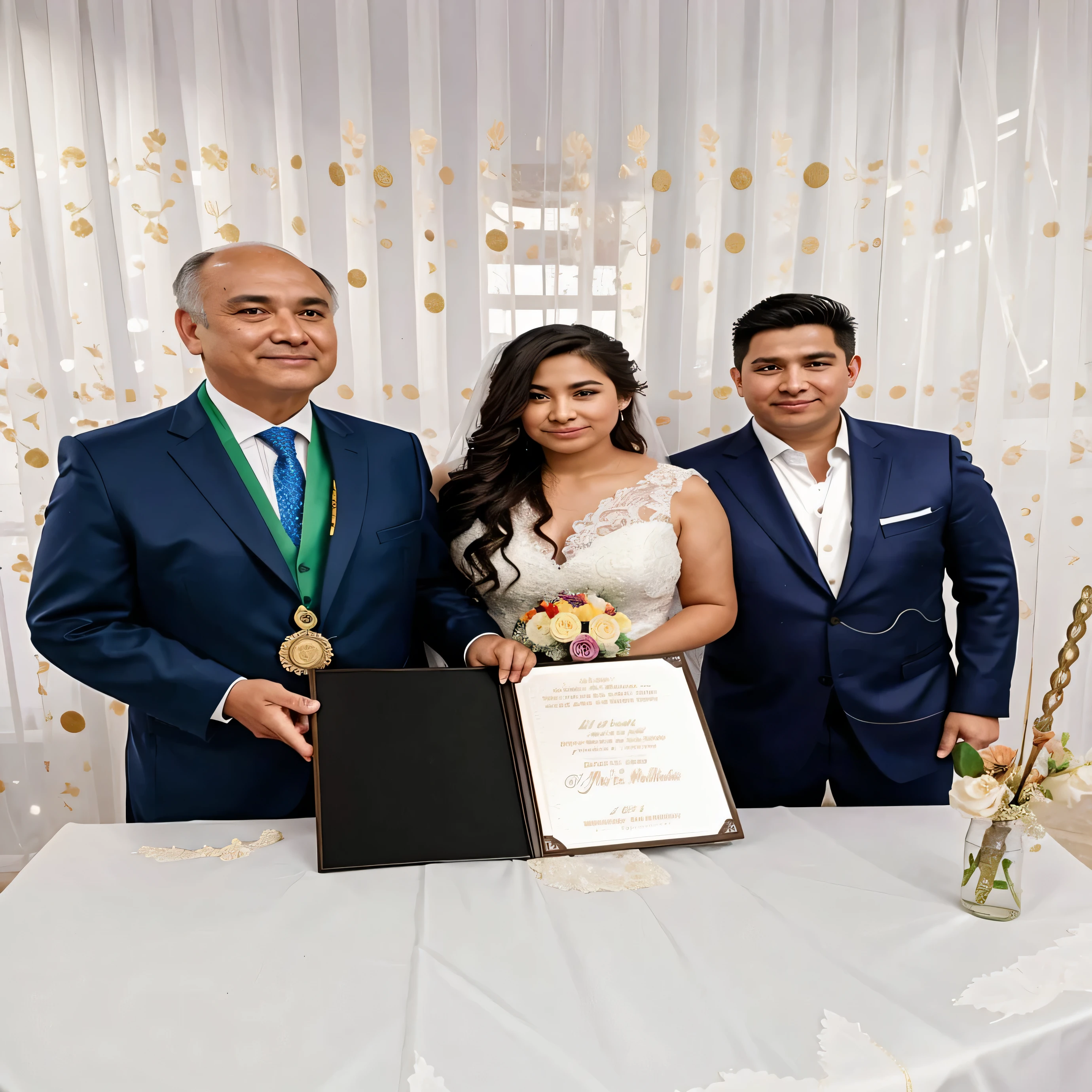 there are three people standing next to a table with a plaque, celebrating an illegal marriage, wedding photo, 1 st winner, discovered photo, by Rhea Carmi, ceremony, karla ortiz, captured on canon eos r 6, by Luis Miranda, wedding, by Manuel Ortiz de Zarate, merged, with backdrop of natural light, jose miguel roman frances 4k