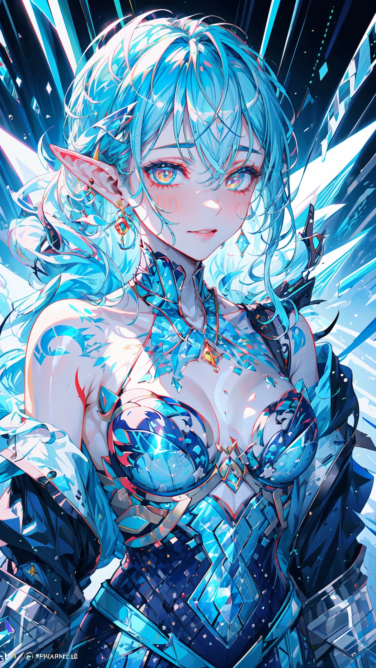portrait of an ice elf, medium length elf ears, pointy ears,ice around, frosty theme, shiny yellow eyes, light cold smile, arrogant facial expression, y Russian style costume, Blue crystal jewelry, icy blue glowing tattoos,Detailed,Realistic,4k highly detail,by Mappa studios,masterpiece,best quality,official art,illustration,ligne claire,(cool_color),perfect composition,fantasy,focused,rule of third
