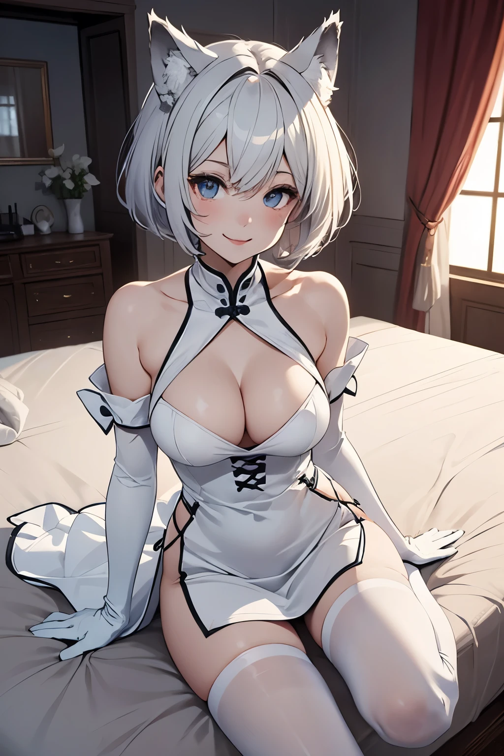 table top High level image quality best image quality 8K woman full body portrait white long glovelan gloves)) white pantyhose((blanche)) China dress((Tube top)blanche)) wolf ears short hair((shortcut)(gray hair)(perm)(fluffy)) eye color is blue smile((red cheeks)) on the bed