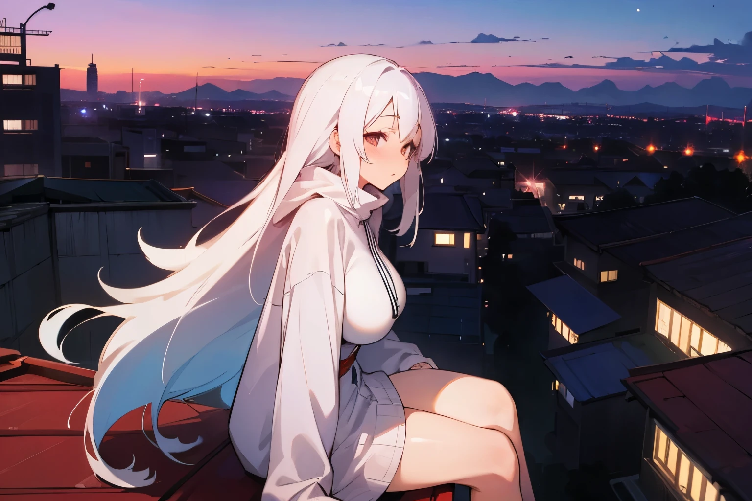 ((Great Quality)), (Detailed), Anime girl, 1 girl, long white hair, wearing oversize pullover, medium big breasts, looking at distance, looking away from viewer, sitting on a rooftop, high res, ultra sharp, 8k, masterpiece, ambient, lofi, beautiful sky background, view from side, nighttime