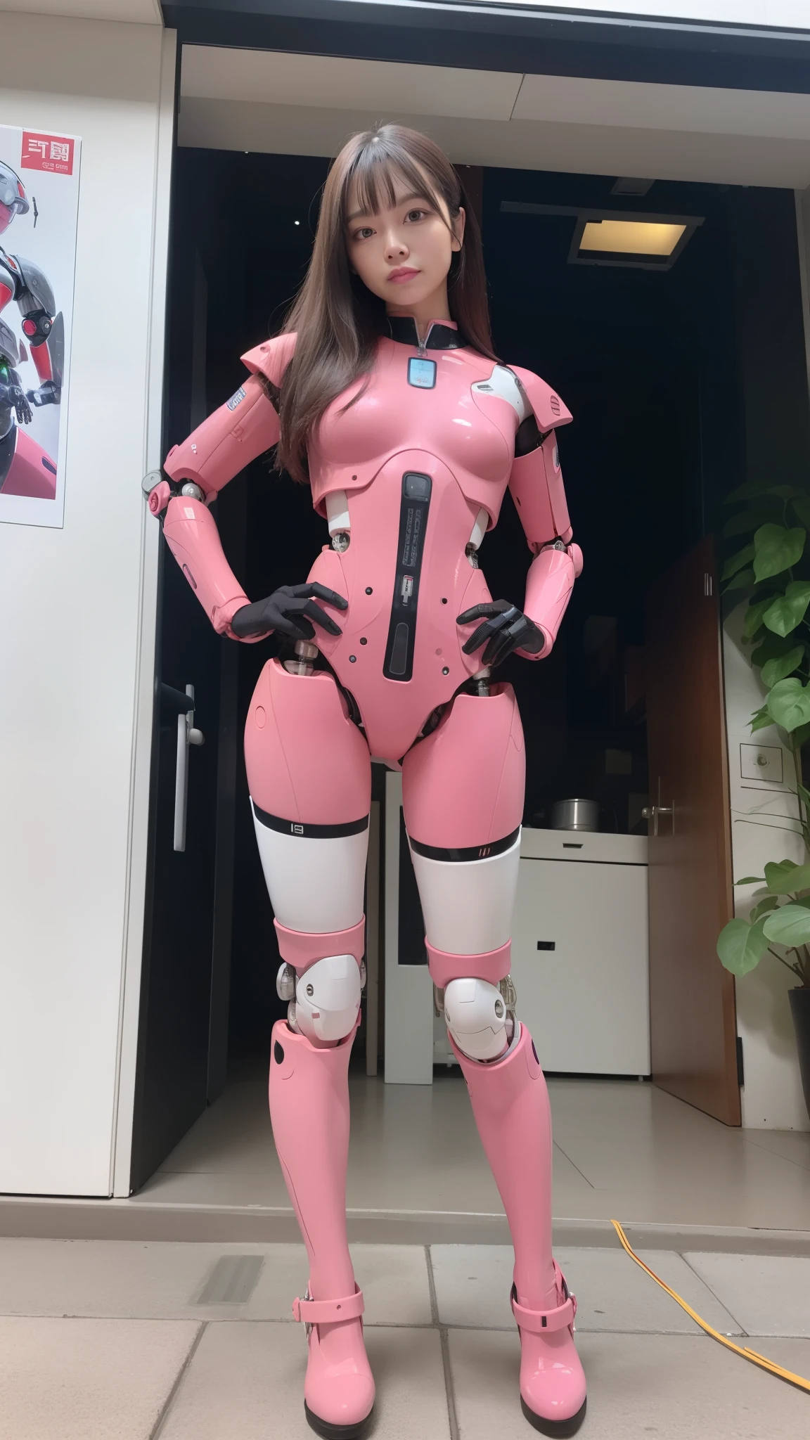 masterpiece, best quality, extremely detailed, (8K, 4K, Best Quality, Hight resolution, 超A high resolution:1.1), 8K portrait,1girl in, Japanese android girl, android teacher, control panels, android, Droid, Mechanical Hand, ,Robot arms and legs, Black hair, Mechanical body, Blunt bangs, Pink Robotics Parts, perfect robot woman, Charging spot, Long Tube, A thick cable was connected to her neck, ceramic body , android, robot humanoid, panty, full eyes, perfect mechanical body, pink robotics body, future assembly plant, Pink body, She has repaired, lack sponge joints, android assembly plant, android, laboratory, platform boots, perfect machine body, pink robot body