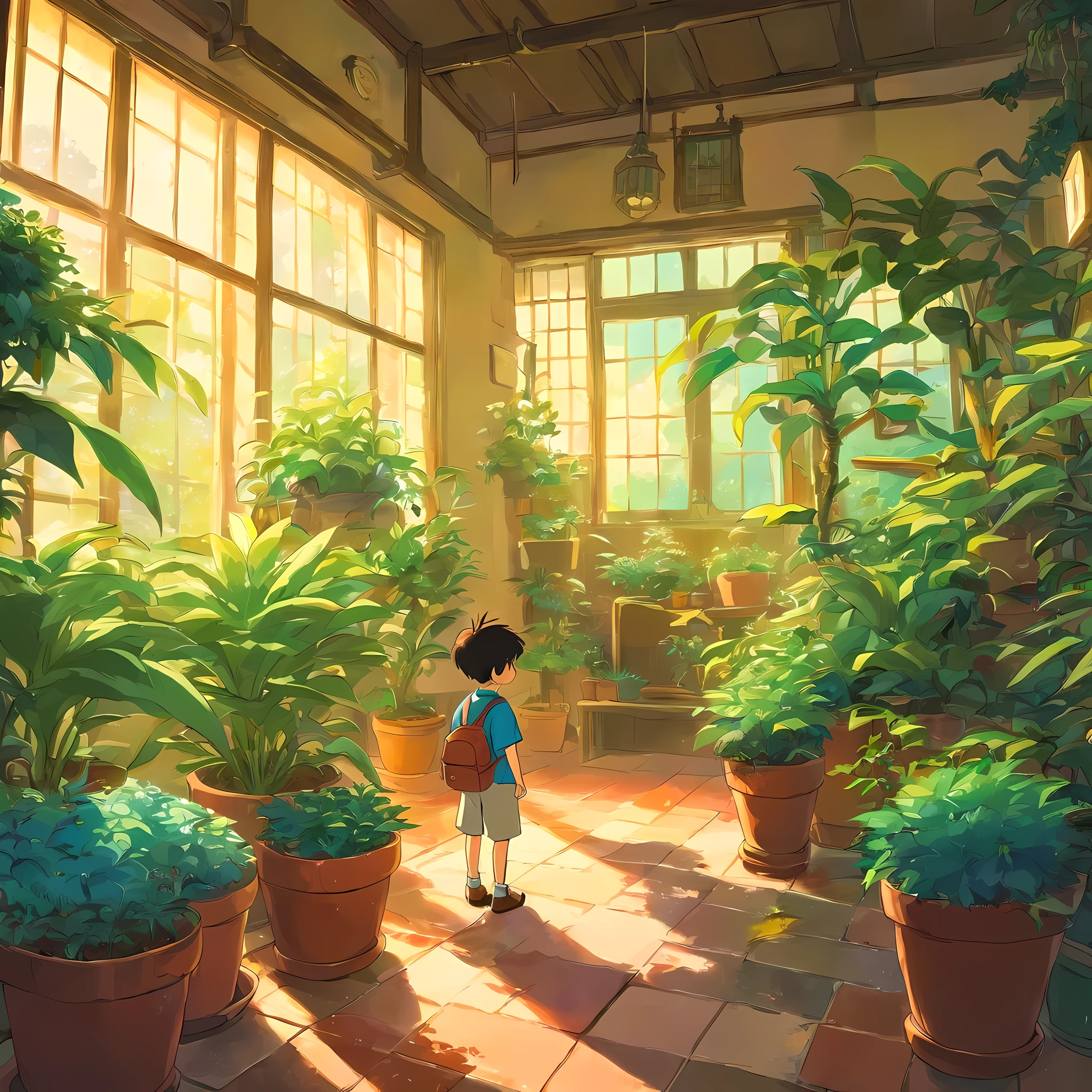 boy in a livigroom full of houseplant