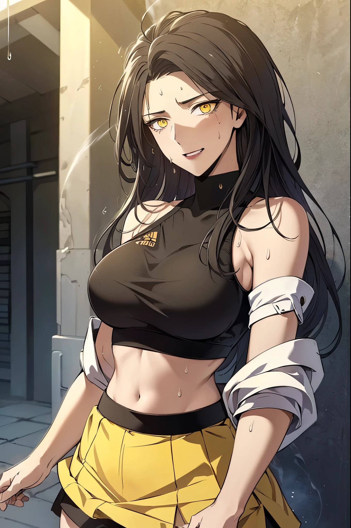 masterpiece,best quality,1girl,(mature female),orihimedef,,BLACK hair,yellow eyes,hair ornament,center opening,navel,midriff,skirt,detached sleeves,seductive smile,((sweat,sweatdrop,steaming body)),looking at viewer,sunlight,(dutch angle),