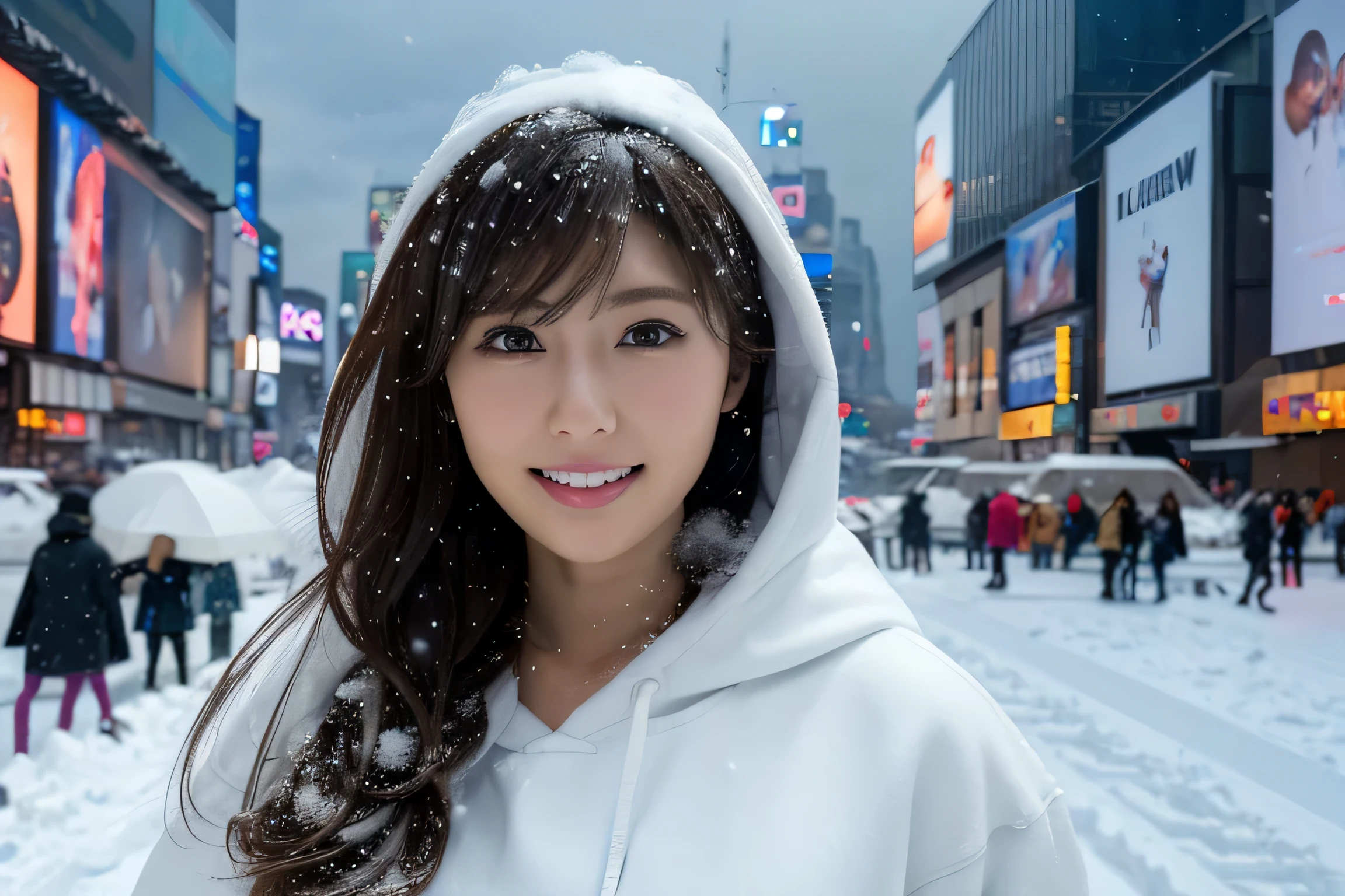 (masterpiece:1.2), Super detailed, ultra high resolution, (realistic, photo realistic:1.37), High-definition RAW color photos, professional photos, highly detailed face, very fine eyes, highly detailed skin, very fine fingers, highly detailed nose, highly detailed mouth, perfect anatomy, highly detailed background, (japanese actress:1.2), (Improve:1.3), (flat chest), brown race, black skin, Very short cut hair, Shadow, messy hair, whole body, padded jacket, white hoodie, snow in my hair, (snow in the sky:1.6), Hoodie on the head, cinematic lighting, New York's Times Square on New Year's Eve, (whole body:1.3), at night, (firework), countdown,