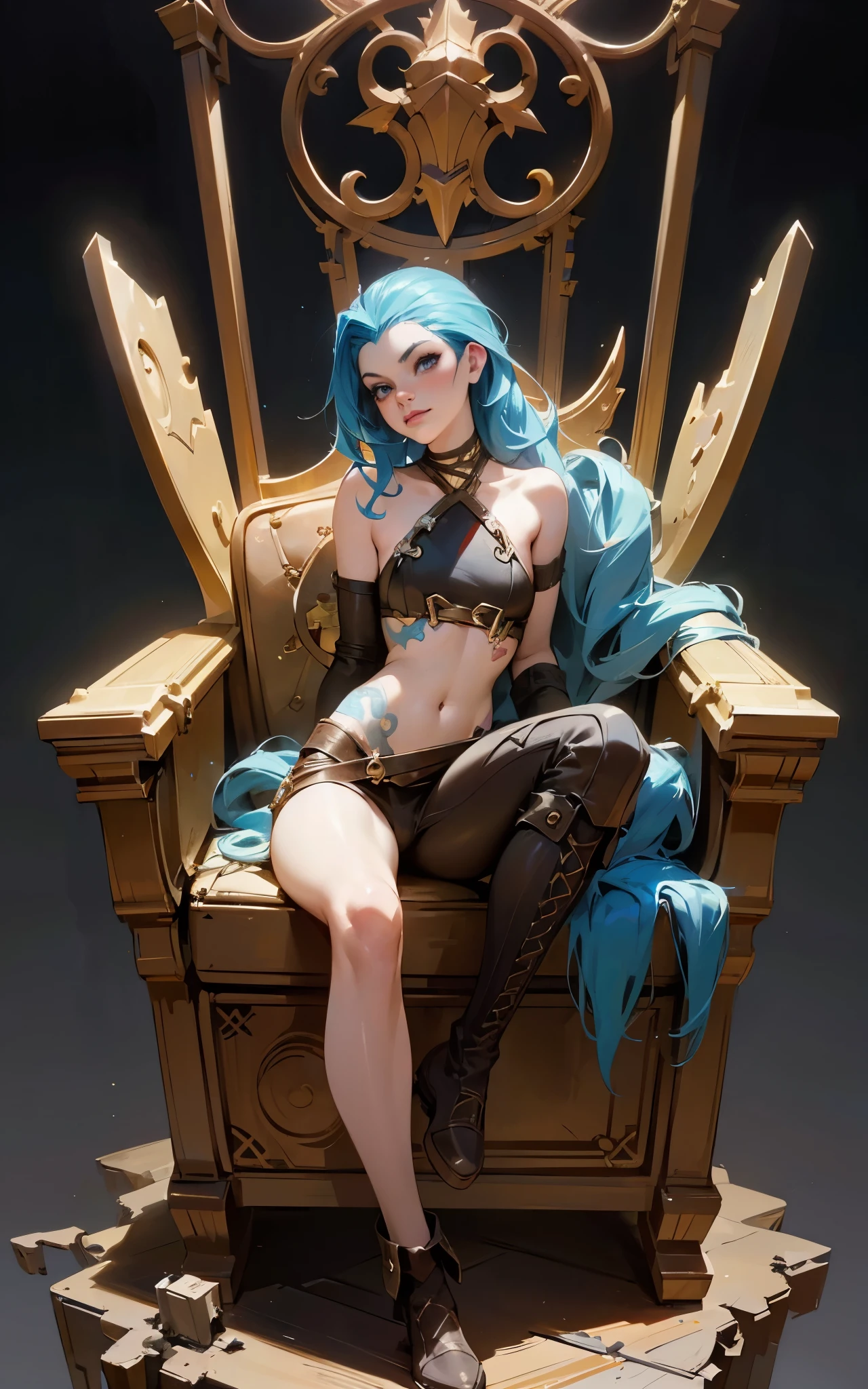 (Evangeline Lilly:Margot Robbie) is jinx from league of legends, sitting in a throne made of junk, pale skin, blue messy hair with long breads, boots, skinny body, small breasts, Full body, Beautiful anime waifu style girl,hyperdetailed painting, luminism, art by Carne Griffiths and Wadim Kashin concept art, dark background, abstract beauty, approaching perfection, pure form, golden ratio, minimalistic, dark atmosphere, unfinished, concept art, intricate details, 8k post production, high resolution, hyperdetailed, trending on artstation, sharp focus, studio photo, intricate details, highly detailed, steampunk 