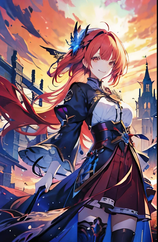 anime girl standing smiling proudly, beautiful fantasy anime, high detailed official artwork, red haired deity, shadowverse style, anime goddess, nightcore, detailed key anime art, official artwork, masterpiece goddess of bravery, anime fantasy illustration, detailed digital anime art, epic light novel art cover, from the arknights videogame, anime fantasy artwork