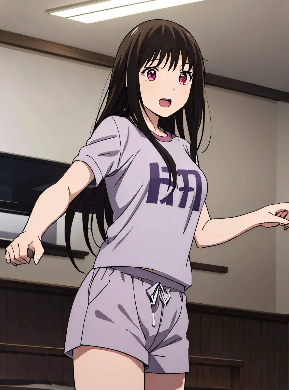 1girl, black hair, open mouth :D, medium breast, gym short sleeve white shirt, gym shorts, cute, indoors, cinematic angel, ssxy pose, perfect anatomy 