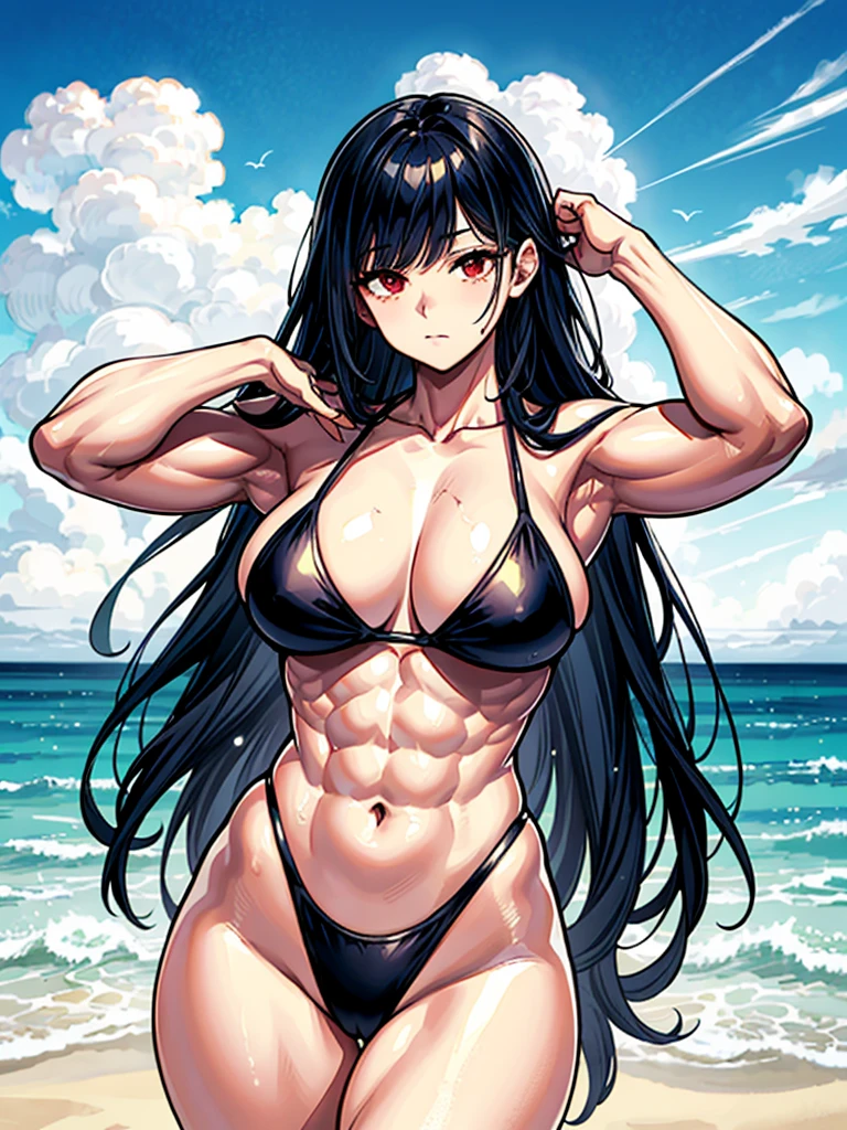 (((masterpiece、Highest image quality、highest quality、highly detailed unity 8kwallpaper)))、((Illustration of one girl))、(((beautiful girl)))、((black hair:1.4、Straight very long hair、golden hair ornament、red eyes))、(((sanpaku:1.6)))、(((sanpaku:1.6)))、(tall:1.3、stocky build:1.6, thickset physique:1.3, muscular legs, broad shoulders:1.3, solid chest:1.3)、swimsuit、sandy beach