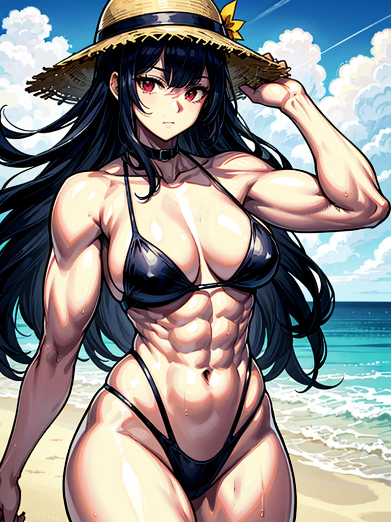 (((masterpiece、Highest image quality、highest quality、highly detailed unity 8kwallpaper)))、((Illustration of one girl))、(((beautiful girl)))、((black hair:1.4、Straight very long hair、golden hair ornament、red eyes))、(((sanpaku:1.6)))、(((sanpaku:1.6)))、(tall:1.3、stocky build:1.6, thickset physique:1.3, muscular legs, broad shoulders:1.3, solid chest:1.3)、swimsuit、sandy beach