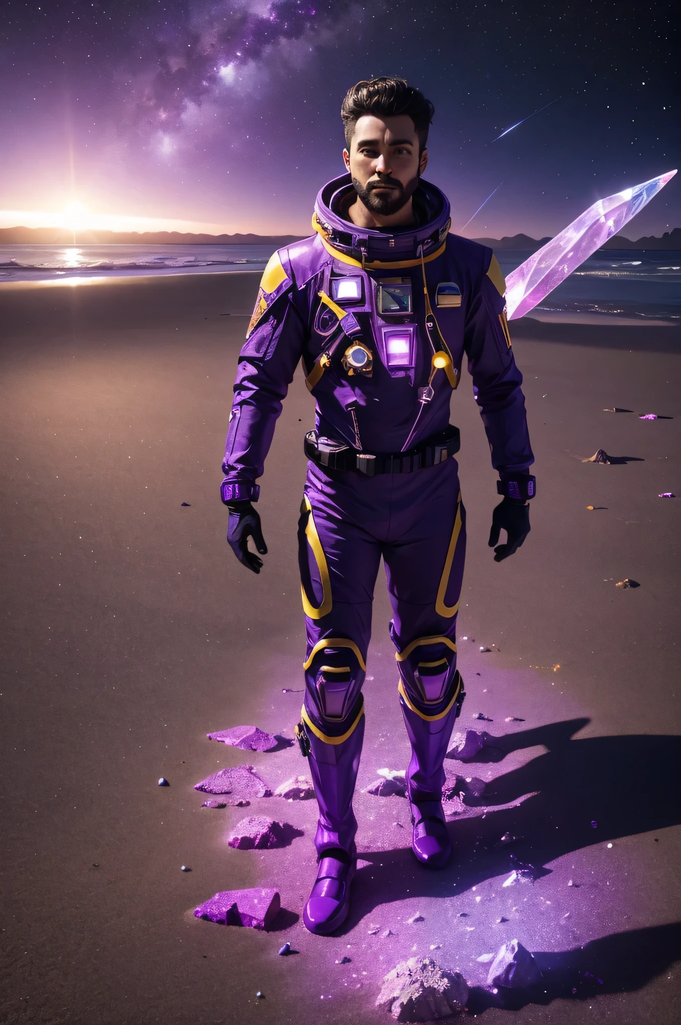 cosmic purple and yellow crystals, growing on the sand, hyperrealistic, phantom glow, a man in a spacesuit collects crystals