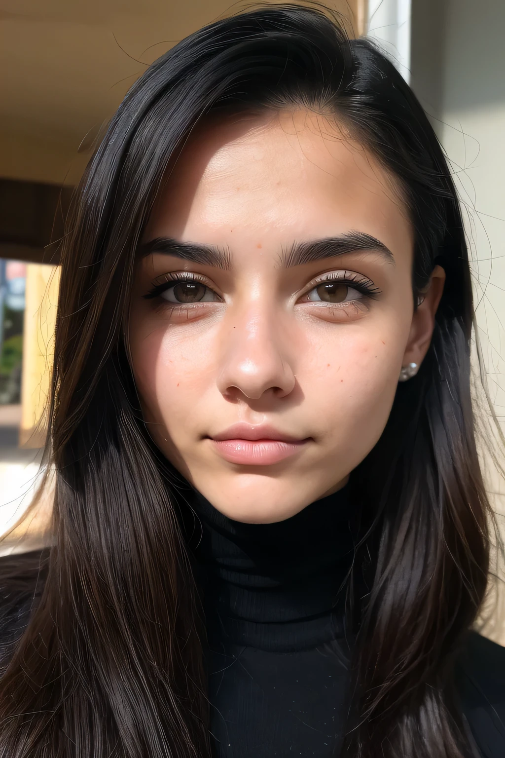 18 year old woman from Rome.., Ojos marrones detallados, capucha negra, camisa, pelaje negro, close-up face photography, Natural city lighting., Colores mate, cabellos largos, 