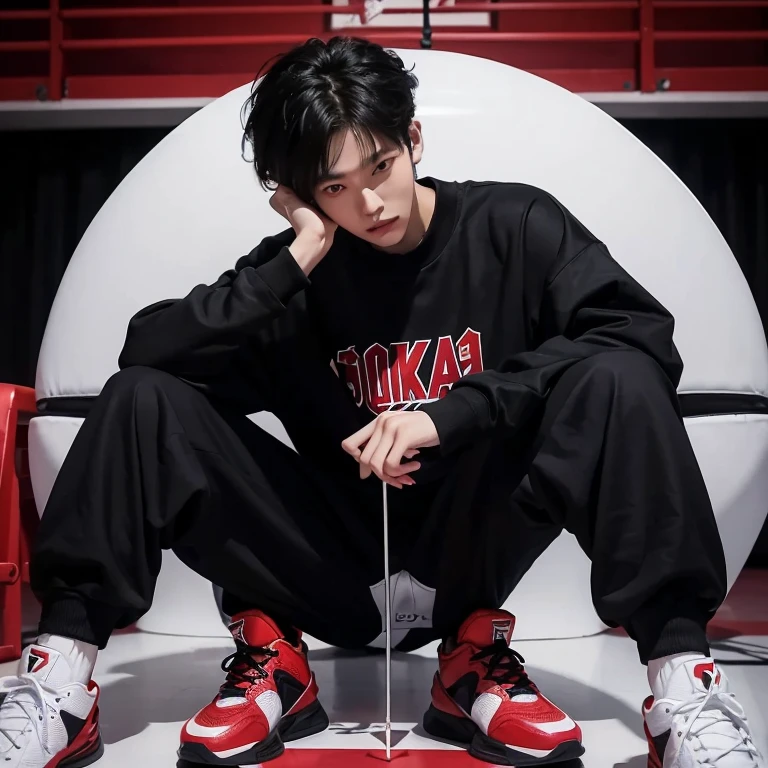 1 Korean Youth,male,20 years old,High,Height 180 cm,Hair of medium length,Black sweatshirt,black long pants,Red and white high top basketball shoes,White sport socks,Sit on the basketball court,Feet extended to lenadass anime 4k ,POV perspective,proudly,cold,looking at camera,