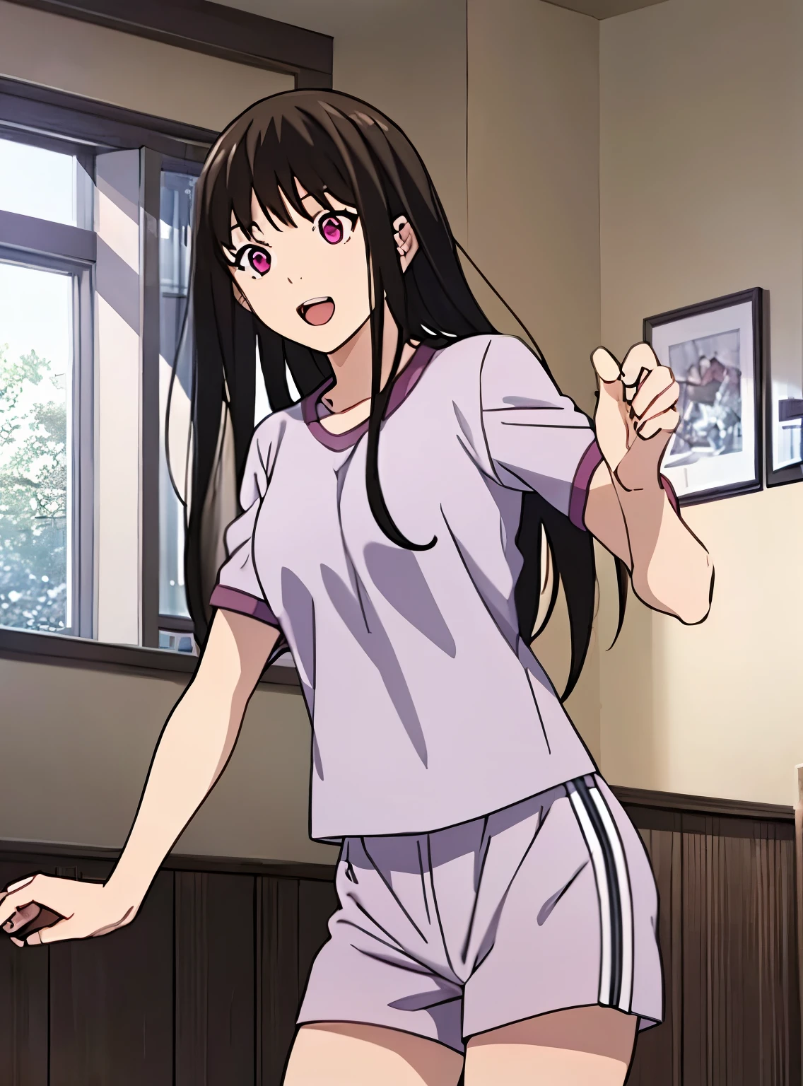 1girl, black hair, open mouth :D, medium breast, gym short sleeve white shirt, gym shorts, cute, indoors, cinematic angel, ssxy pose, perfect anatomy 