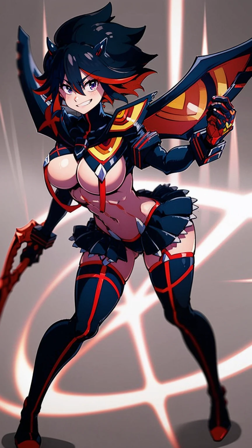 matoi ryuuko, dark armor, magical girl, dragon wings, kill la kill, red hair, large breasts, abs, wide hips, thick thighs, thick arms, pants, standing, black body suit, full body, boots,smile, pullover, miniskirt, black pullover,, black bodysuit, red hair, sword holding, bodysuit in the chest