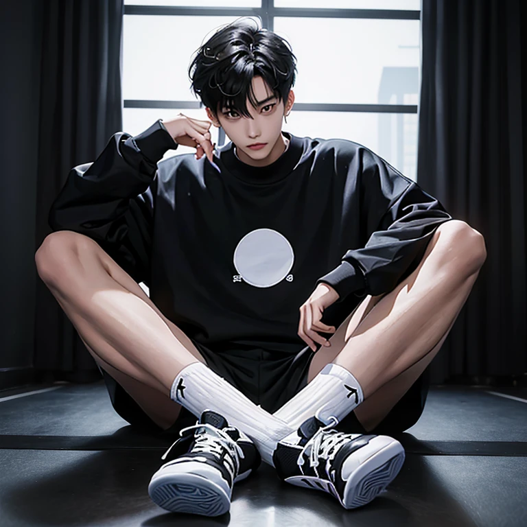 1 Korean young men，male，20 years old，High，Height 180 cm，Hair  medium length，Black sweatshirt，black long pantlack and white high-top basketball shoes，White sport socks，sitting on the stepadass anime 4k ，POV perspective，Proud，Cold，looking into camera，