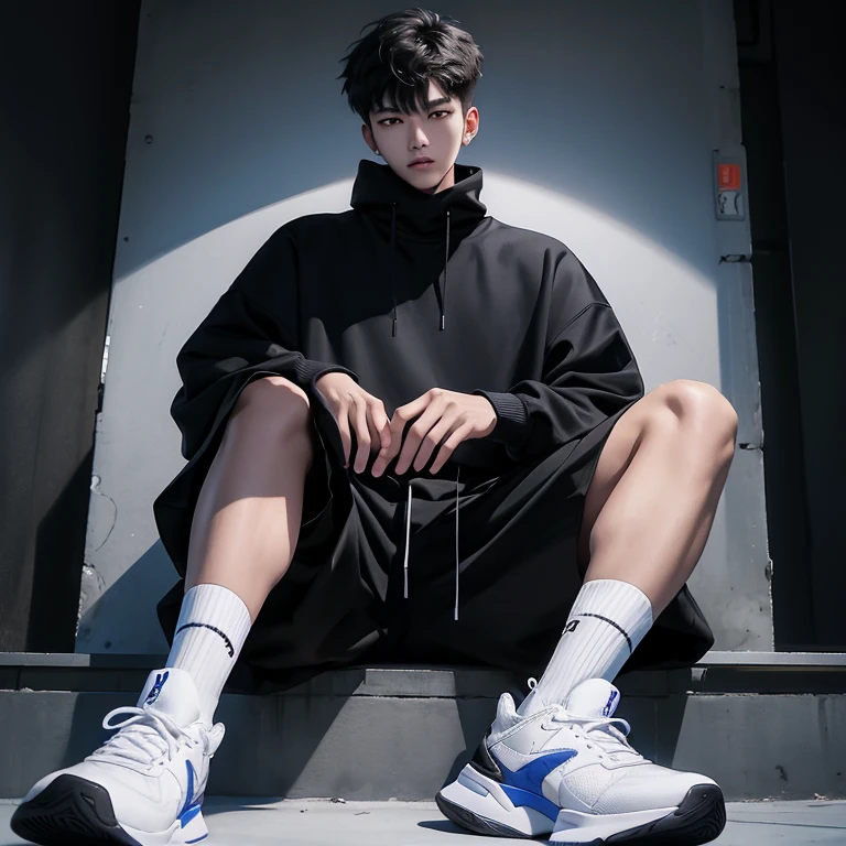 1 Korean young men,male,20 years old,High,Height 180 cm,Hair medium length,Black sweatshirt,black long pantlack and white high-top basketball shoes,White sport socks,sitting on the stepadass anime 4k ,POV perspective,Proud,Cold,looking into camera,