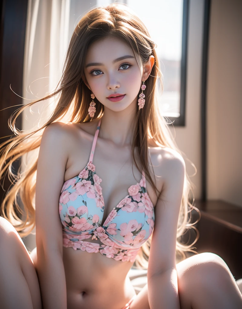 masterpiece,Highest image quality,Super detailest quality ,extremely delicate and beautiful, Very detailed,best quality , official art, Extremely detailed CG unified 8k wallpaper, professional lighting, photon mapping, Radiosity, Physically based rendering,portrait photo, 最beautiful样子,Blonde hair, blue eyes,Radiant skin and radiant eyes, beautiful skin,(detailed lighting:1.2), (Beautiful and detailed light:1.3), deep understanding, beautiful裸色, complex, digital painting, Smooth, sharp focus, end of the world, epic reality,looking at camera, (high dynamic range:1.4),face camera, (pastel colors:1.4),1 girl,(提high quality:1.4),(Quality real skin texture), delicate face,gradient hair, (perfect身材:1.1), (The most beautiful woman in the world), sparkling pupils,long eyelashes,Super realism, expected, Surreal, ultra high definition, beautiful大胸,end of the world的, give up, neutral color, Revelation, screen space refraction, (intricate details, Super detailed:1.3), art station, movie shot, vignette, complex background, buliding,charming smile,Blushed,Shy,detailed background,perfect解剖结构,perfect眼睛, Perfect body, perfect头发, perfect, precise, ultra high definition, retina, anatomically correct, textured skin, Super details, high detail, high quality, Award-winning, high resolution, 16k, (Various colors of dream catcher earrings missing color,Color black,White,pink,Purple,red,blue,orange color,green,blue,,),And flirtatiouposed,clear camel toe,comb neatly,淫态exposed了,Sort out your darkness, thick hair,),(beautiful锁骨,),The best look,Ultra thin,translucent,lace,Floral strappy bikini,floral print strappy bikini,法式绑带lace文胸,Crystal Pink Diamond Strap Bikini,pink背景,黑色绑带Ultra thin蝴蝶丁字裤,法式绑带lace蝴蝶文胸,Crystal Pink Diamond Strap Bikini,珍珠绑带Ultra thin黑色丁字裤,Small size bikini,系带蝴蝶刺绣轻薄透气网纱Ultra thin黑色比基尼, Dream ,camelto,Deep,plump,beautiful,beautiful世界,flawless beauty goddeslack butterfly,