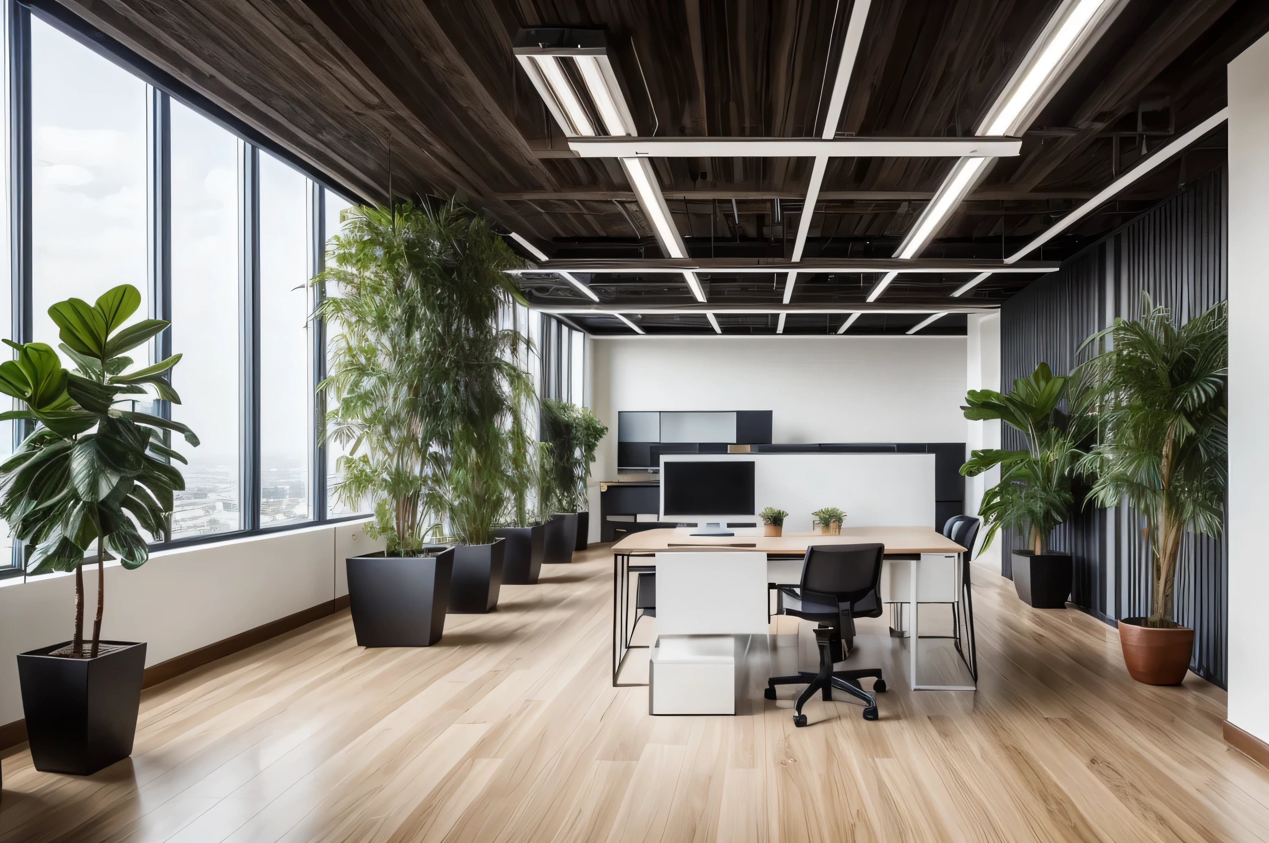Offices on high floors、simple、stylish、genuine、photograph、company、company案内に使えるphotograph、company案内用のphotograph、workplace atmosphere、big room、広いphotograph、using a wide-angle lens、space、Design Office、computer、Foliage plant