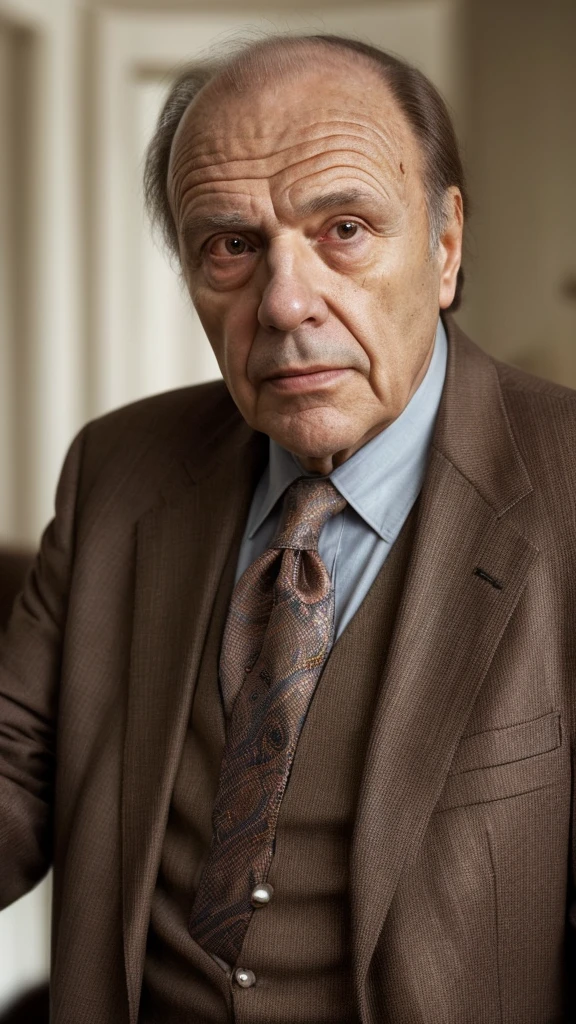 older man in a full brown suit and tie looking at the camera, this person does not exist, 70 years old, aged face and skin, standing in a living room, alan arkin-henry czerny-david mamet-alan dale-bruno ganz-anthony hopkins-harold hamm-pip torrens-f murray abraham-john goodman-michael otto-rip torn merged, entire body visible, full body, hyperrealistic, best quality, 8K, real human skin, masterpiece, extremely intricate, medium closeup, detailed eyes, detailed face, detailed body, exaggerated features, pronounced features