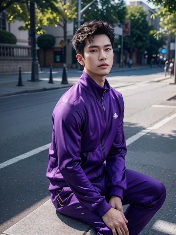 highest quality、masterpiece、A high resolution、hyperrealism、((Full Body Shot))、detailed face、solo、1people's men、light brown hair、glowing skin、dense skin、(Asian)、日本people's men、(((face without beard)))、(High resolution、super detailed)、1 male、(20 year old male)、Handsome、tall man、short hair、not long bangs、Face-length contours、Soft cheeks、Black eyebrows、Fair skin、 CG Unity 8K、intricate details、detailed background、detailed face、Handsome、cool look、((wearing purple tracksuit))、daytime park、Natural light