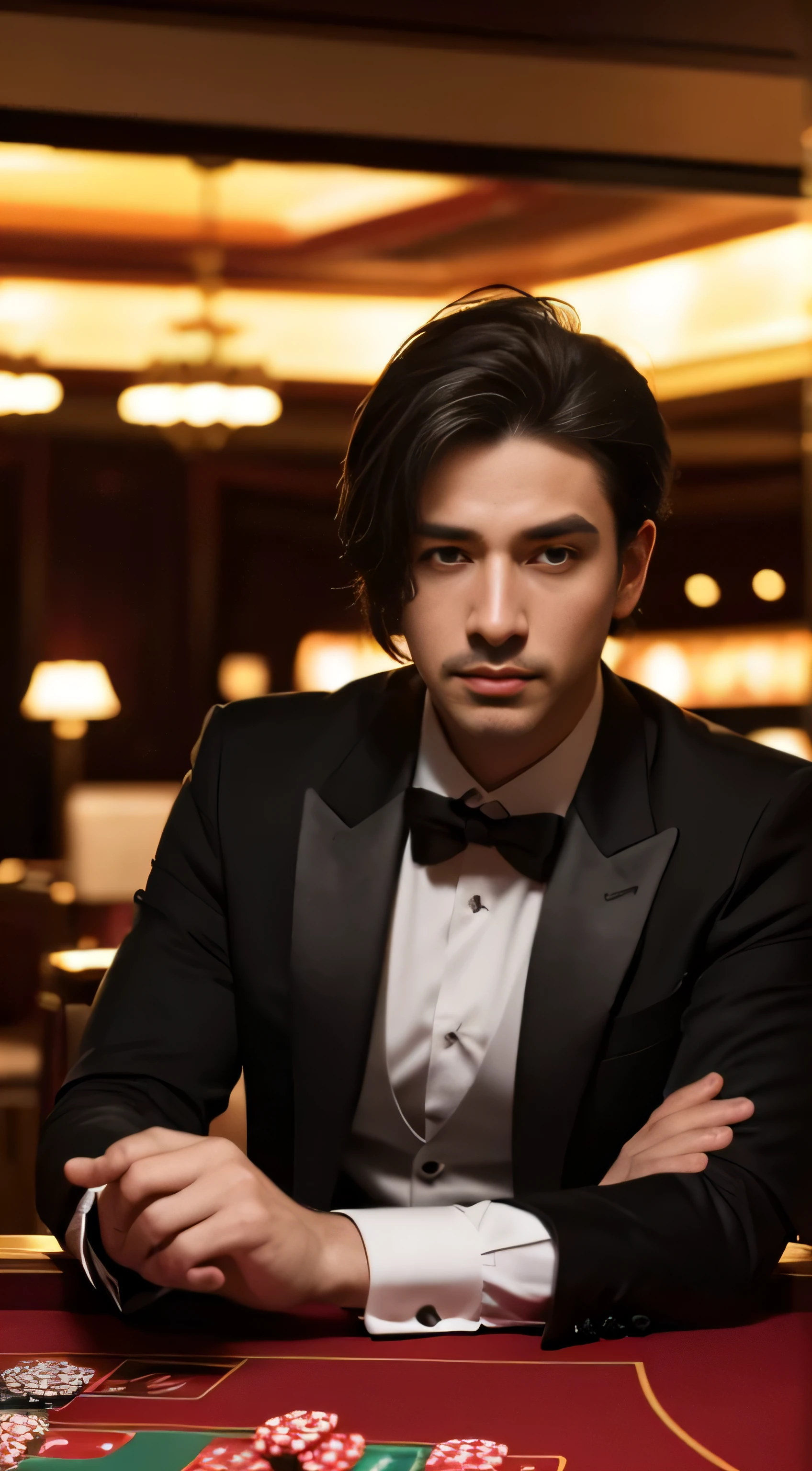 "Dramatic and sophisticated book covers, In the heart of a luxury casino,There a keen and mysterious master gambler. Their faces are partially shrouded in shadow, Suggesting mystery and mastery of the art of deception. In their hand, Card fan shows a winning hand, Sparkling in the casino overhead lights. Rich, deep colors fill the scene, Symbolizing the temptations and dangers of the gambling world. The background filled with faint silhouettes of other players and the decadence of a high-stakes environment, Contrasted with sparkling reflections on velvet textures and polished surfaces. High-resolution images capture the intensity and elegance of gambler's life, Designed to engage and invite readers into a world of calculated risk and reward."