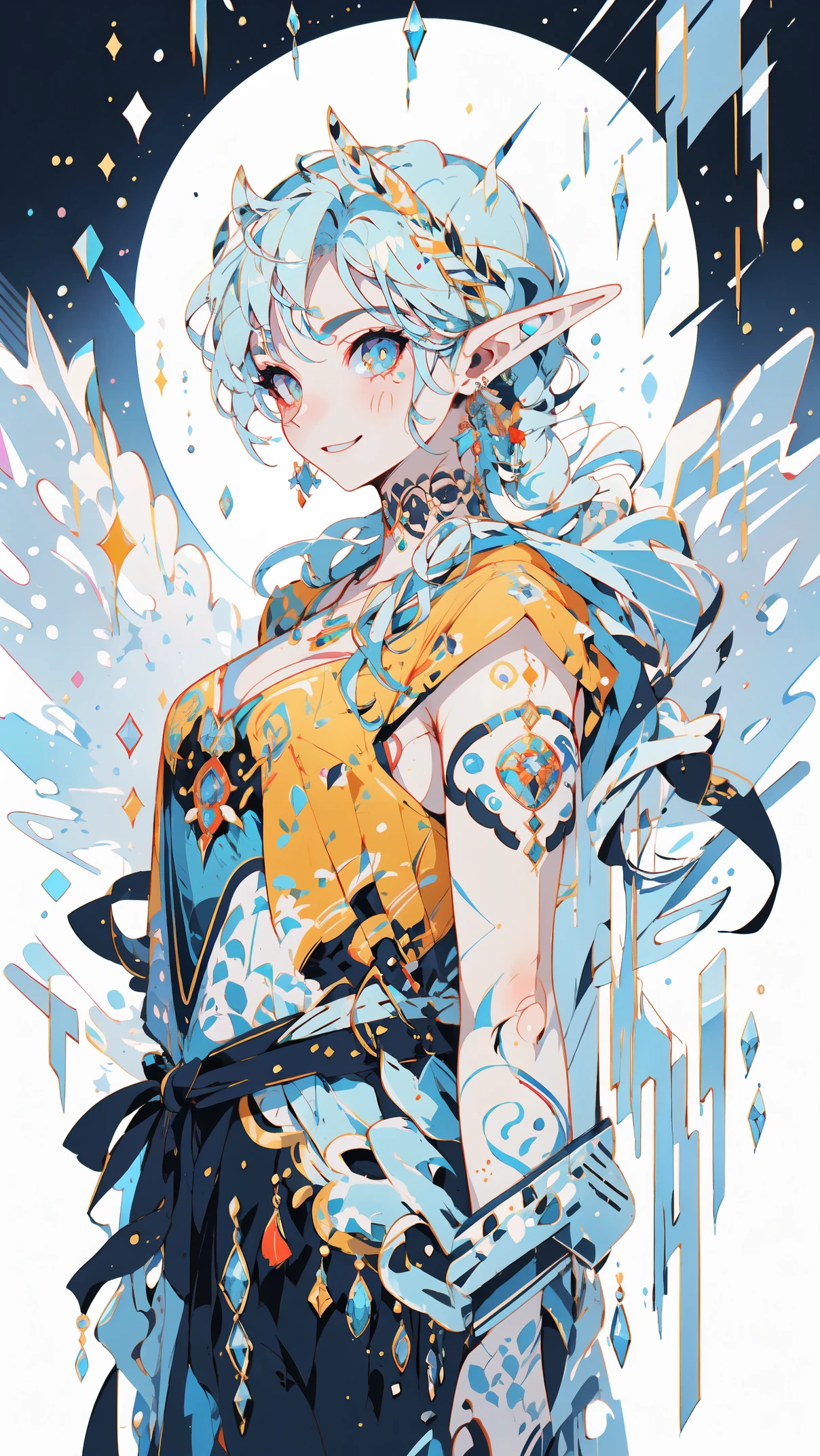 portrait of an ice elf, medium length elf ears, pointy ears,ice around, frosty theme, shiny yellow eyes, light cold smile, arrogant facial expression, sexy Russian style costume, Blue crystal jewelry, icy blue glowing tattoos,Detailed,Realistic,4k highly detail,by Mappa studios,masterpiece,best quality,official art,illustration,ligne claire,(cool_color),perfect composition,fantasy,focused,rule of third