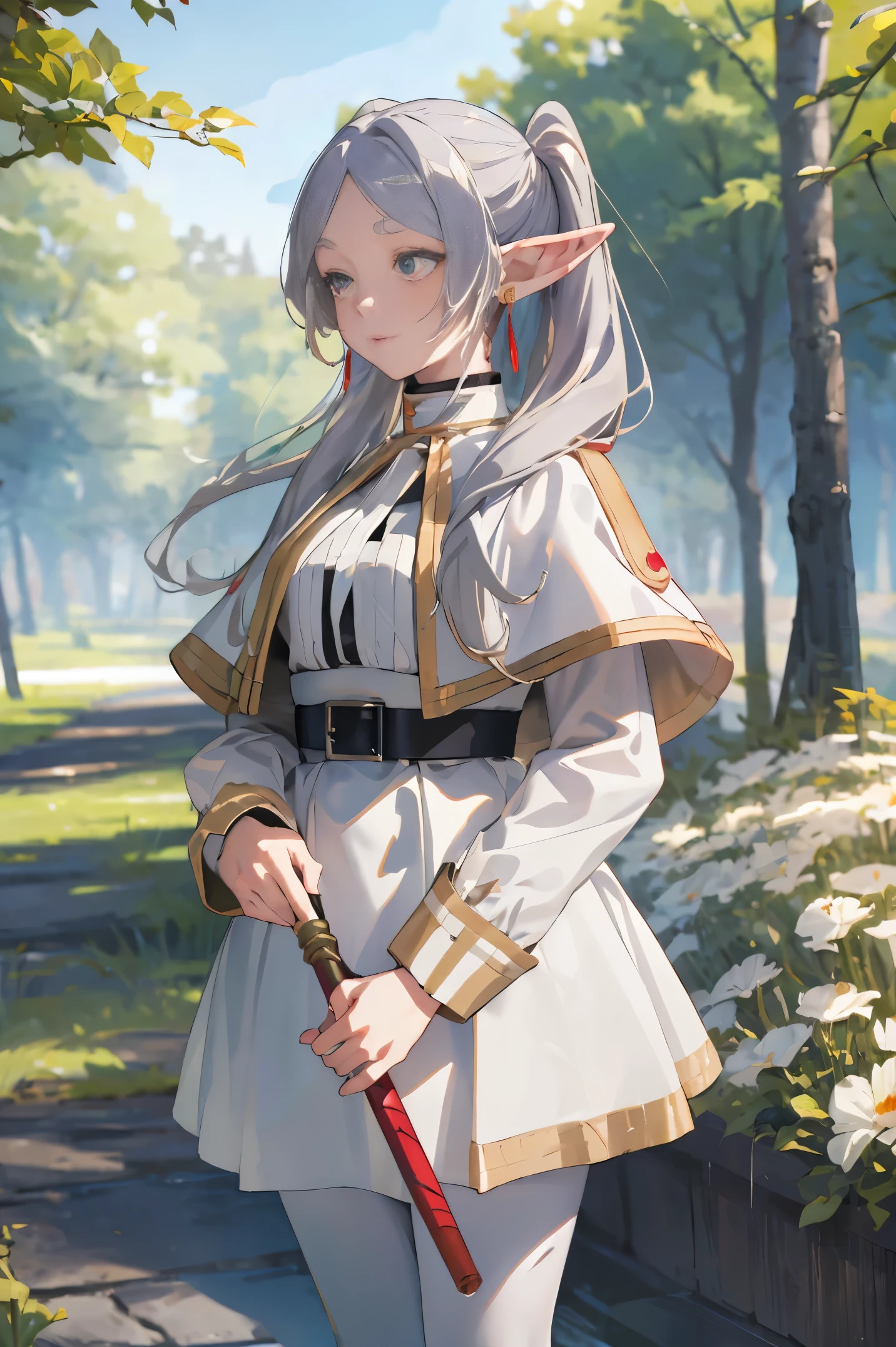 masterpiece, best quality, absurdres, perfect anatomy, FrierenBase, twintails, earrings, white capelet, striped shirt, white skirt, long sleeves, belt, black pantyhose, staff, holding staff, outdoors, forest, 