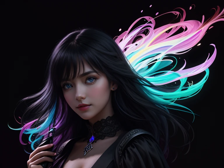 Colorful beautiful woman, messy hair, oil painting, nice perfect face with soft skin, nice perfect face, bright blue yellow neon colors, light purple and violet additions, light red additions, intricate detail, splash screen, 8k resolution, masterpiece, cute face, artstation digital painting smooth very Black ink flow: 8k resolution photorealistic masterpiece: intricately detailed fluid gouache painting: by Jean Baptiste Mongue: calligraphy: acrylic: watercolor art, professional photography, natural lighting, volumetric lighting maximalist photo illustration: by marton bobzert:, complex, elegant, expansive, fantastical, wavy hair, vibrant, Best quality details, realistic, High definition, High quality texture, epic lighting, Cinematic film still, 8k, soft lighting, anime style, masterful playing card border, random Colorful art, oil painting, blue yellow colors, light purple and violet additions, light red additions, intricate detail, splash screen, 8k resolution, masterpiece, artstation digital painting smooth veryBlack ink flow: 8k resolution photorealistic masterpiece: intricately detailed fluid gouache painting: by Jean Baptiste Mongue: calligraphy: acrylic: watercolor art, professional photography, natural lighting, volumetric lighting maximalist photo illustration: by marton bobzert:, complex, elegant, expansive, fantastical, vibrant, ((dark plain black background:1.4))