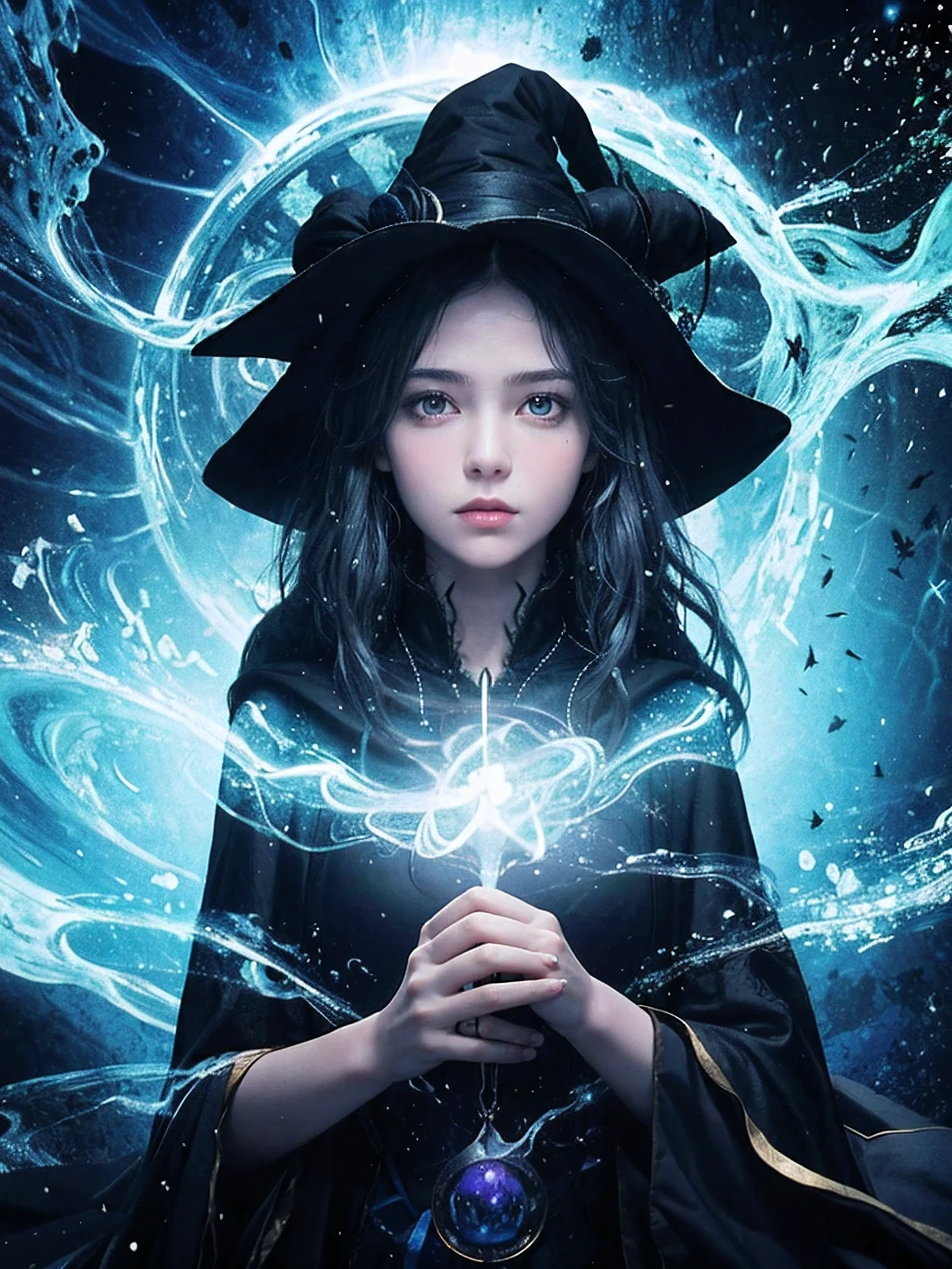 1 girl, (witchcore, sorcerous, pagan, mystery, nature, mystery的) , magician, spell magic, magic circle, ((magic in hand)),(masterpiece, best quality:1.4),(ridiculous, high resolution, Super detailed:1.2),(Use black magic:1.4), imaginative overlay, Art fusion,fantastical scenes, evocative narrative, Eye-catching visuals, Upper body ，(((best quality))),(((Super detailed))),(((masterpiece)))