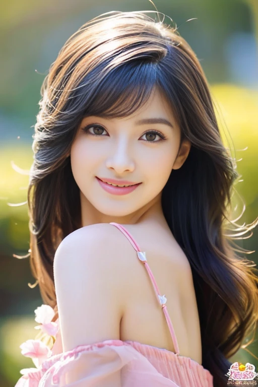 A beautiful woman with perfect eyes and nose、beauty like a model、cute like a model、eyes are double、eye color is blue、hair color is pink、her face is delicate and elegant.、8k images、Beautiful style like a model、Normally large、A refreshing and lovely smile、pose like a model、Overall image、snap shot、Glamaloid Smile、Beautiful and delicate face like a model、highest quality、master piece、cute smile、 atmosphere、elegant beauty、Sexy in a bright room、very cute、Super beautiful、Super beautifulなモデル、photo shoot、